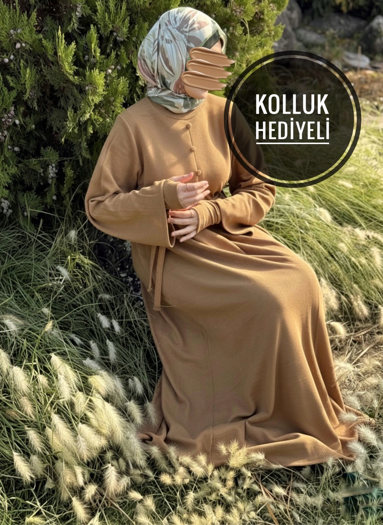 Ankanoor Kaplama Düğmeli Kolluklu Örme Elbise ANKA255114 - camel