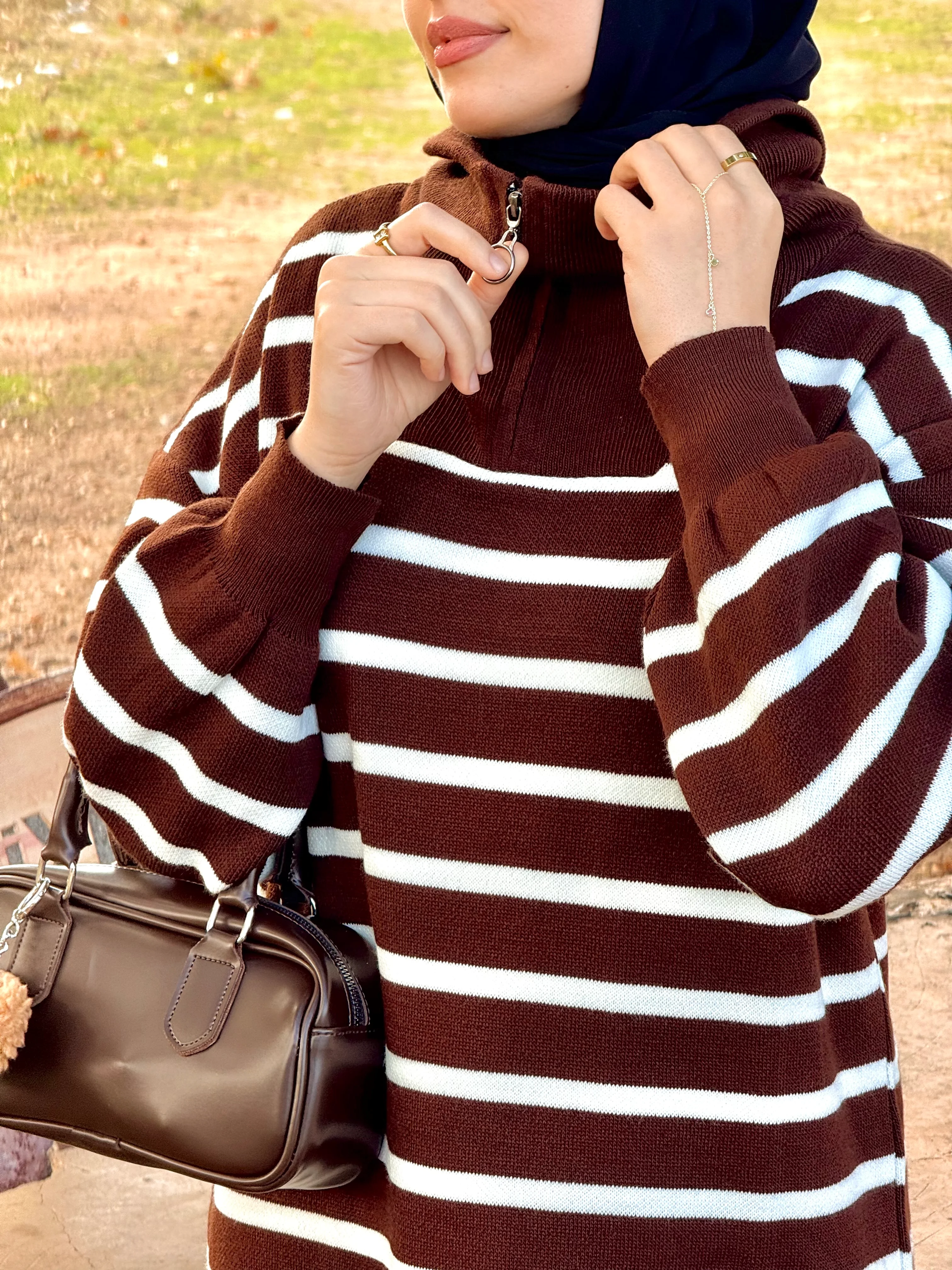 Ankanoor Fermuar Yakalı Çizgili Triko Elbise ANKA252009