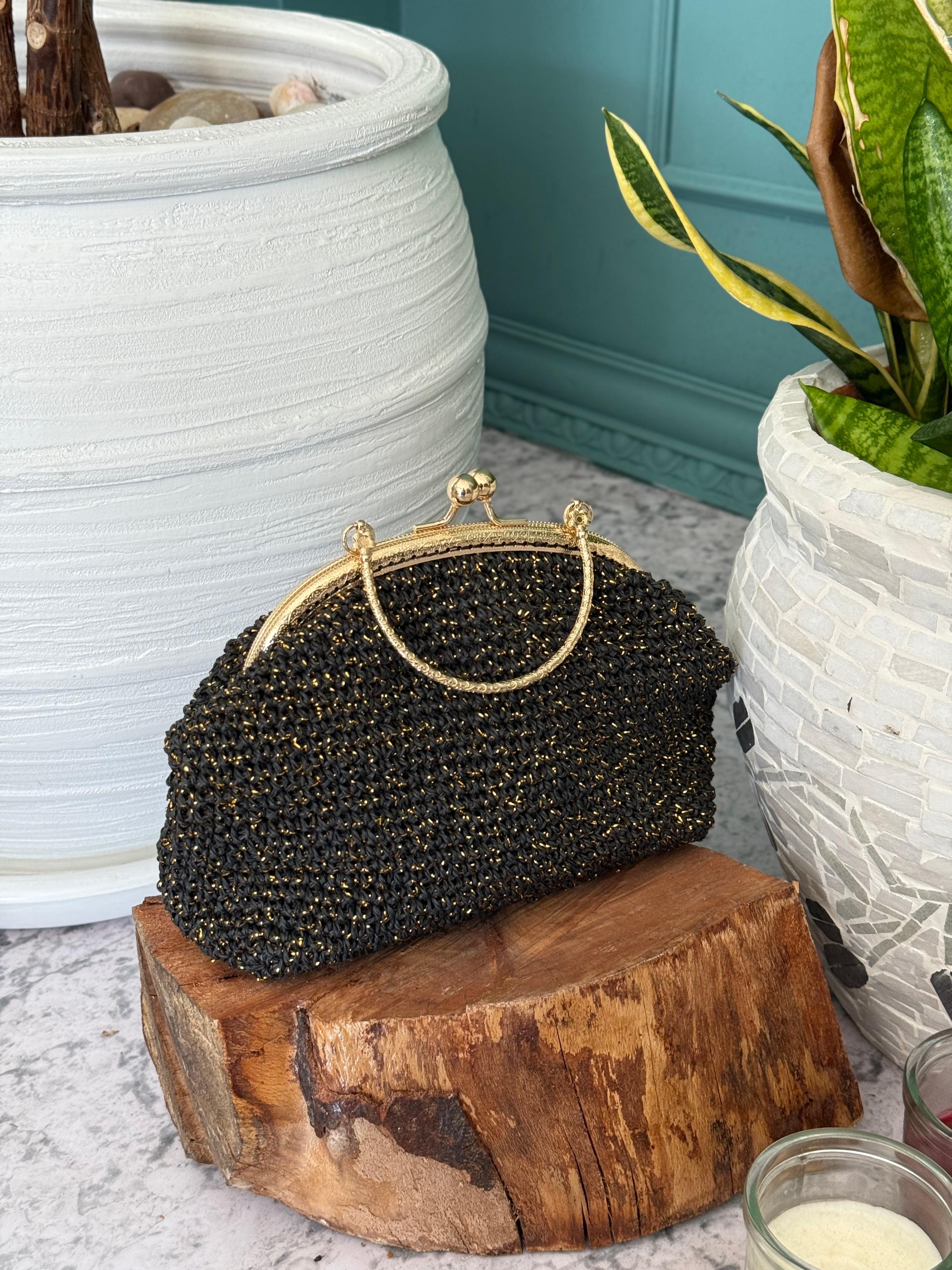 Metal Burslu Hasır Oval Clutch Çanta