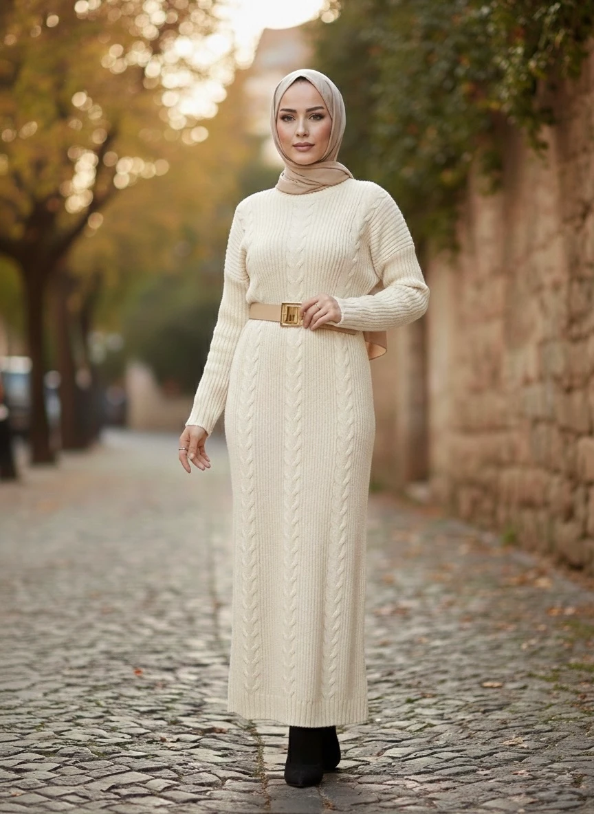 Ankanoor Örgü Desenli Kemerli Triko Elbise ANKA252012