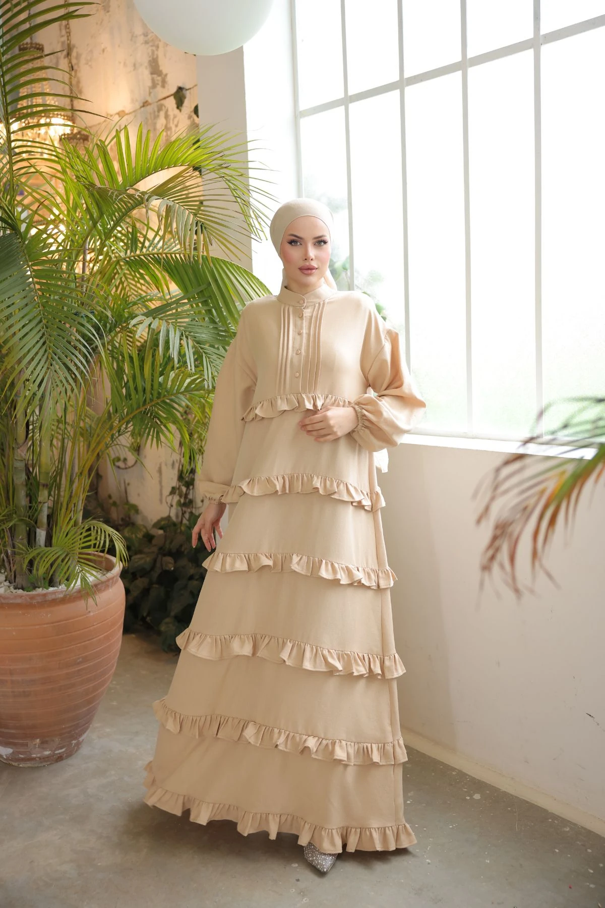 Ankanoor Fırfırlı Salaş Elbise Anka255067 - açık bej