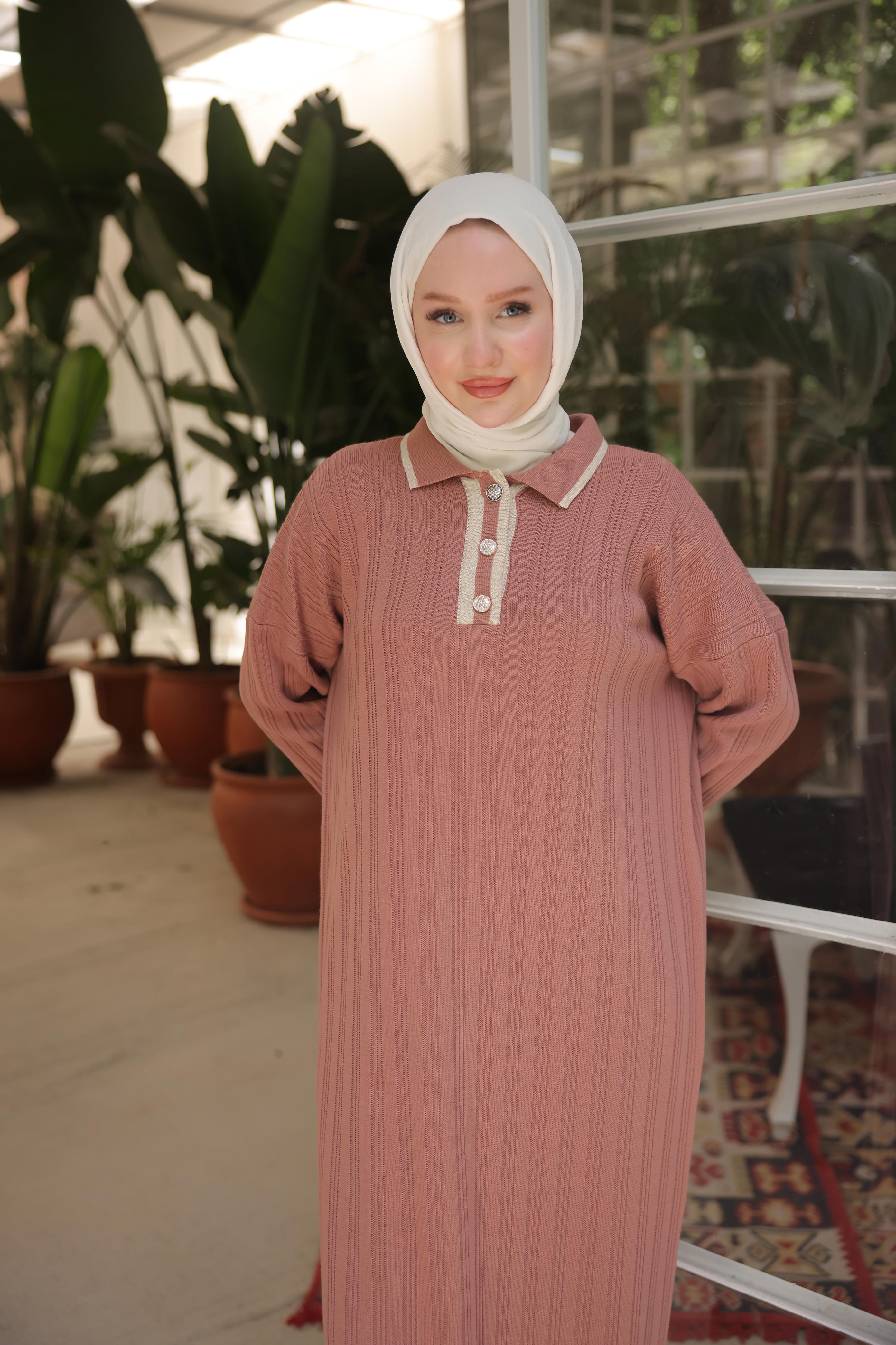 Ankanoor Bej-pembe Düğmeli Yaka Detaylı Triko Elbise Anka257005
