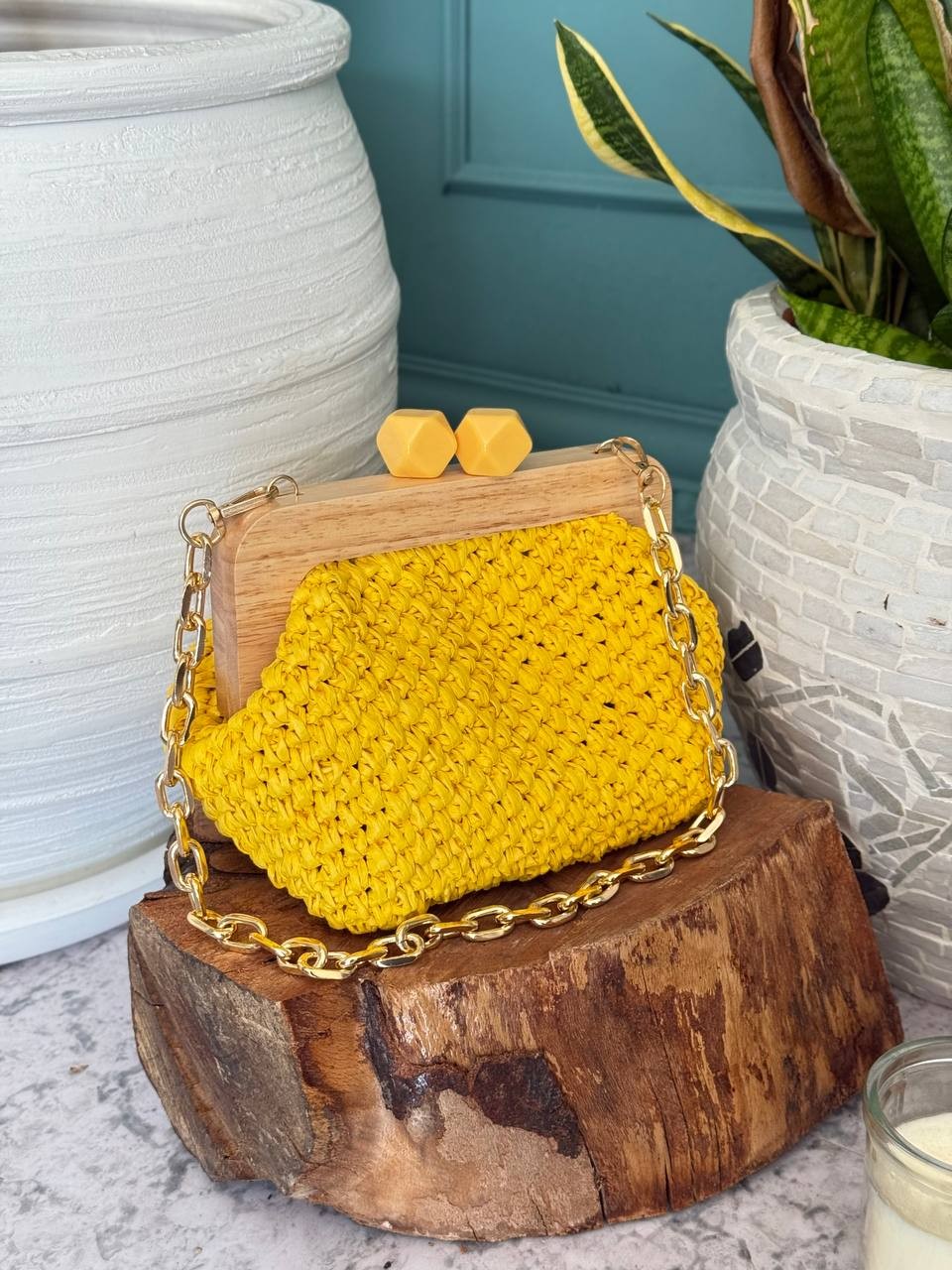 Ahşap Burslu Hasır Clutch Çanta