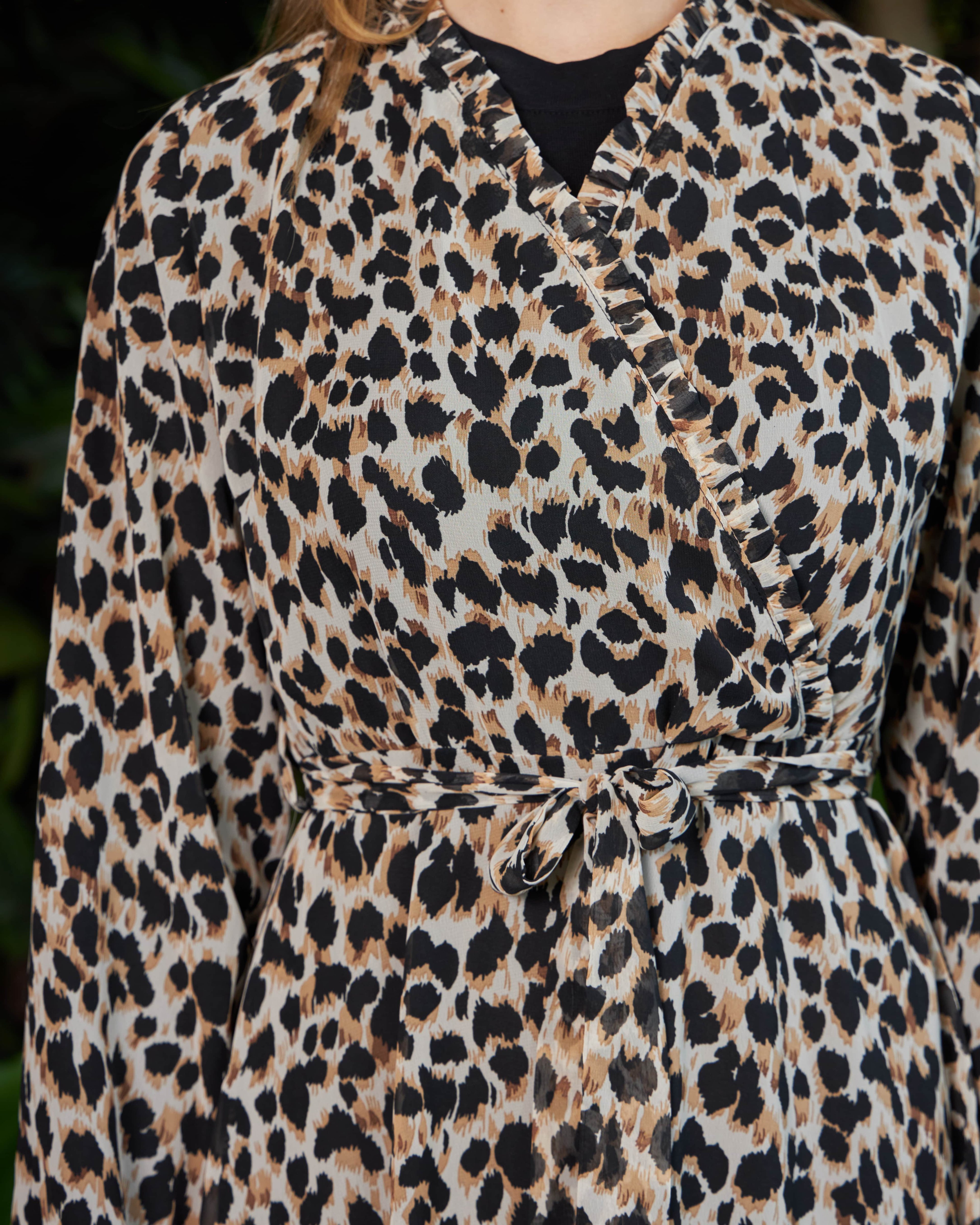 KRUVAZE YAKA LEOPAR DESEN ŞİFON ELBİSE