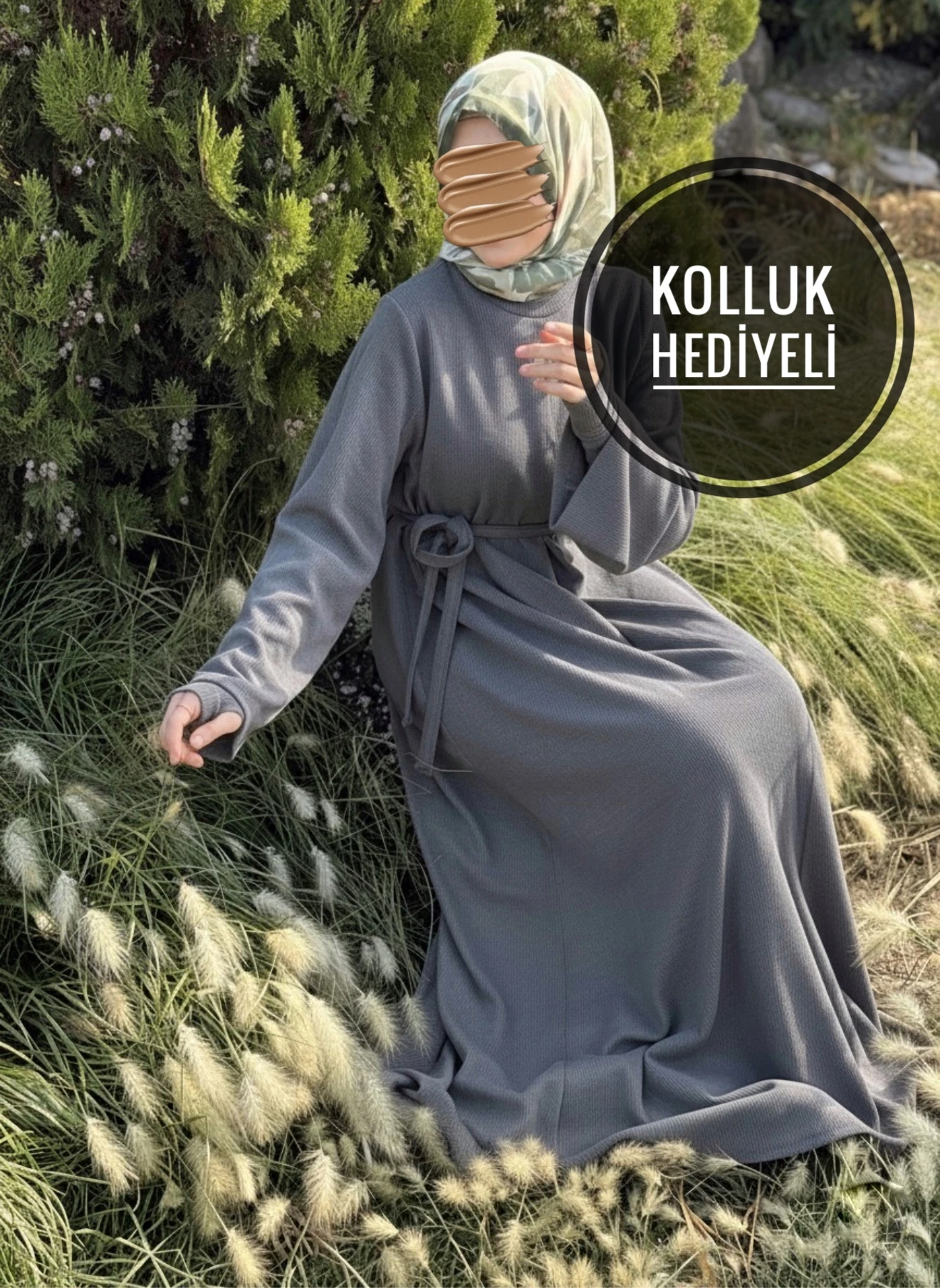 Ankanoor Kaplama Düğmeli Kolluklu Örme Elbise ANKA255114 - gri