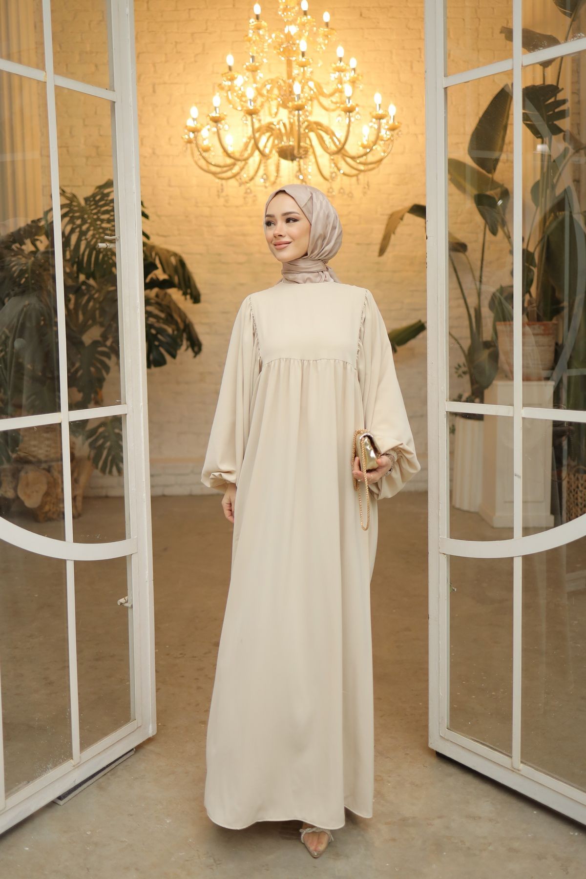 Ankanoor Acı Kahve Tesettür Balon Kollu Oversize Elbise ( 36-42 ) Anka251692