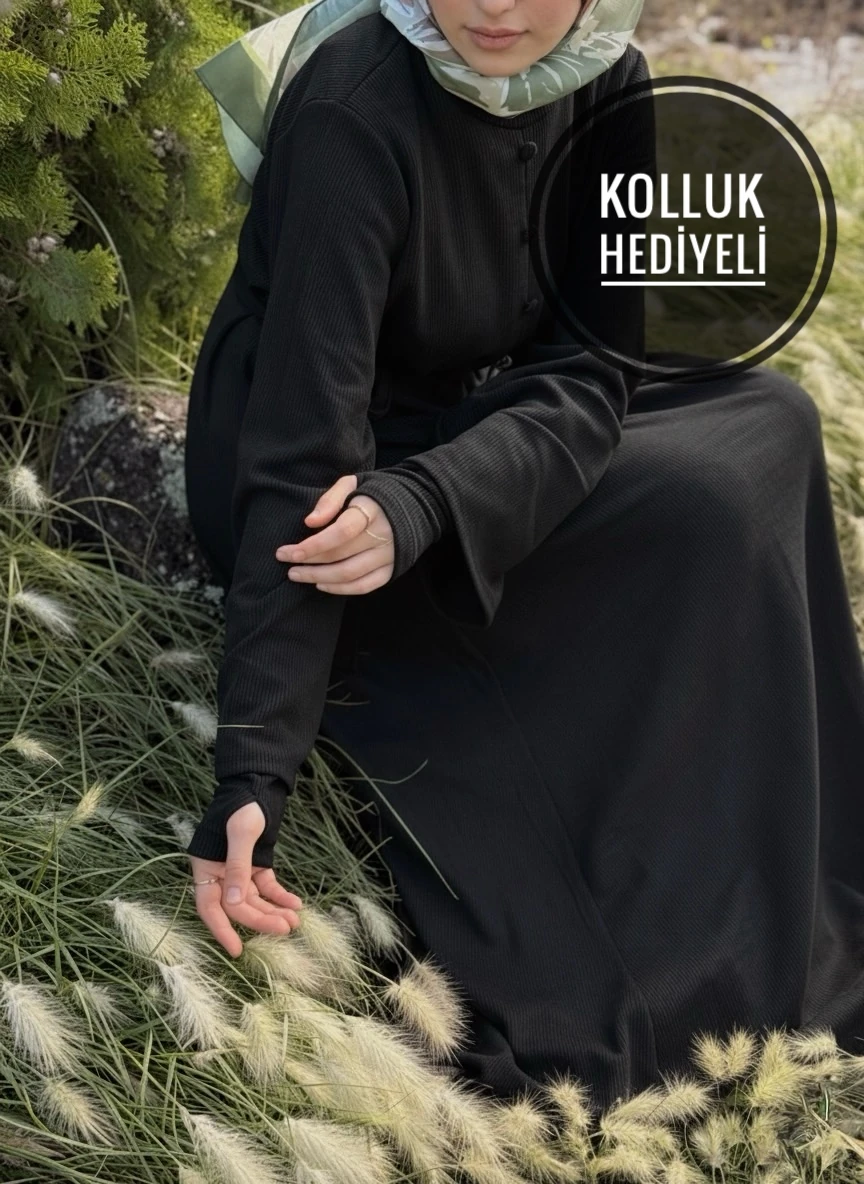 Ankanoor Kaplama Düğmeli Kolluklu Örme Elbise ANKA255114 - siyah