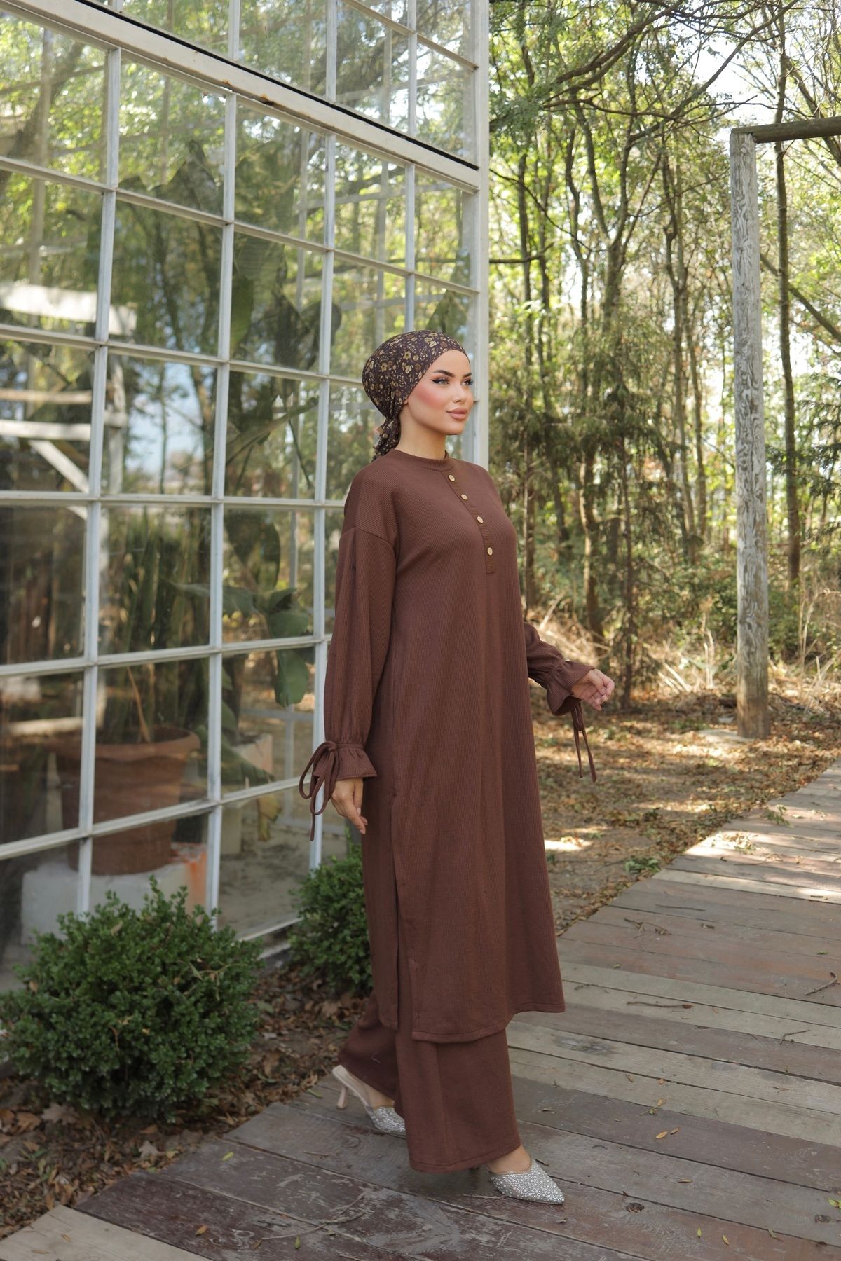 Ankanoor Bej Düğme Detaylı Örme Pantolon Takım Anka256020