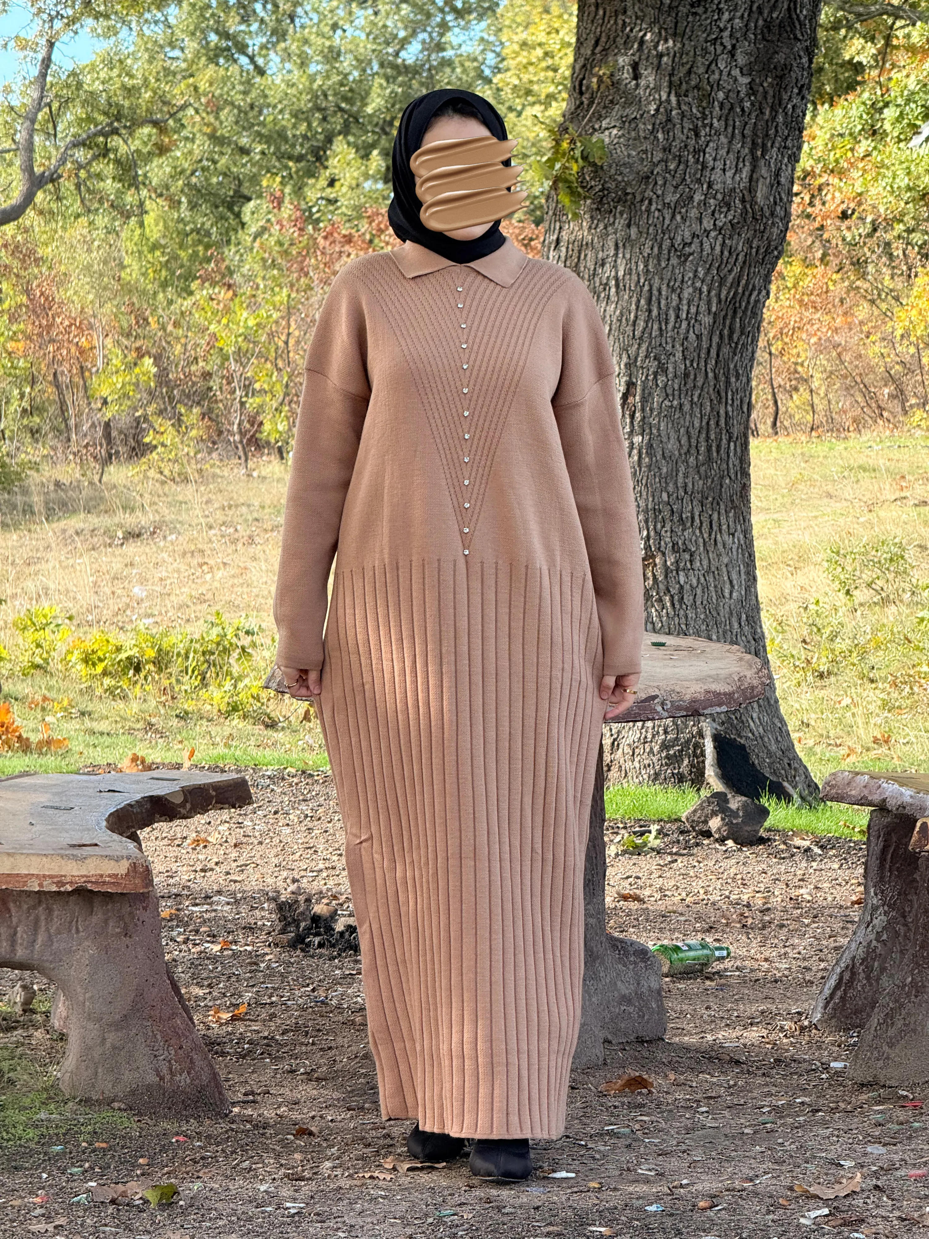 Ankanoor Taş Detaylı Triko Elbise ANKA252011 - kamel