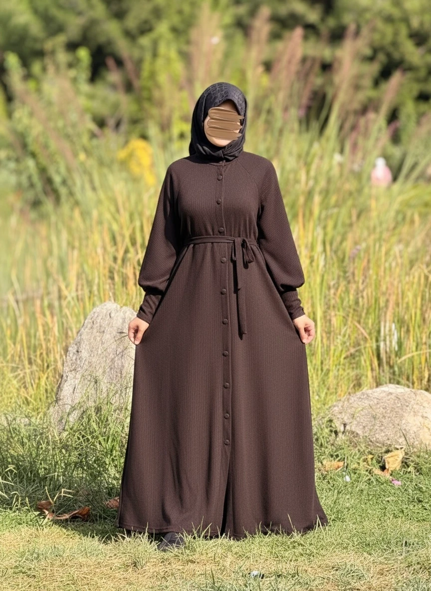 Ankanoor Reglan Kollu Kaplama Düğmeli Örme Ferace ANKA255107 - acı kahve