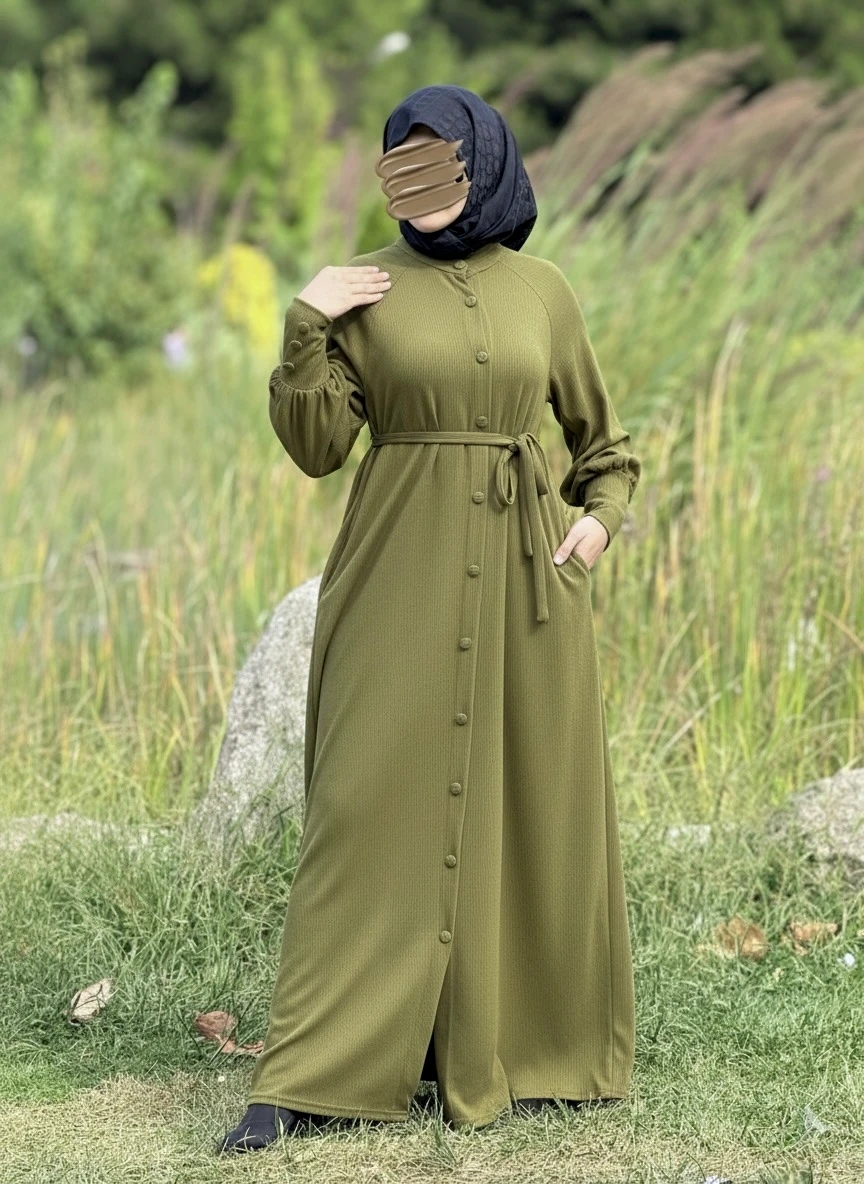 Ankanoor Reglan Kollu Kaplama Düğmeli Örme Ferace ANKA255107 - haki