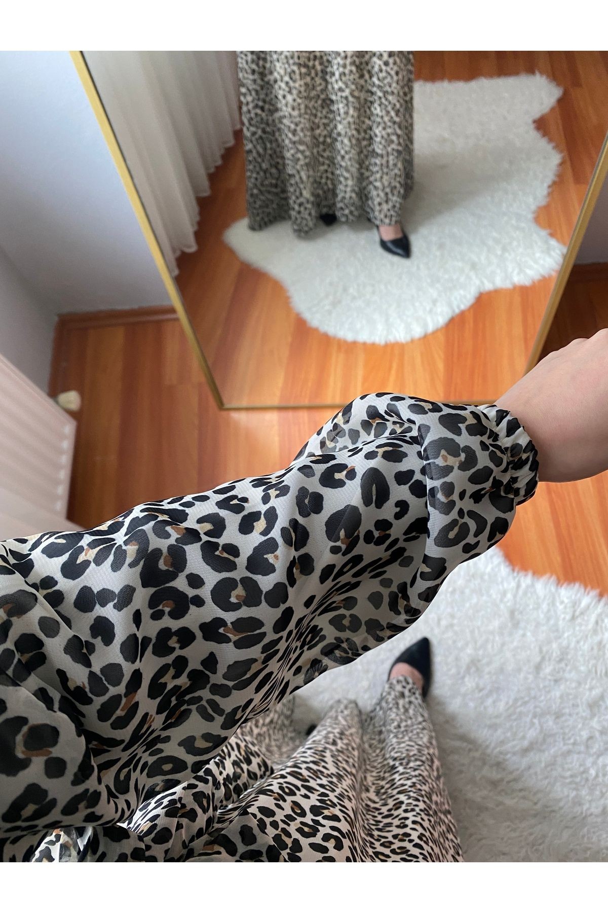 KRUVAZE YAKA LEOPAR DESEN ŞİFON ELBİSE