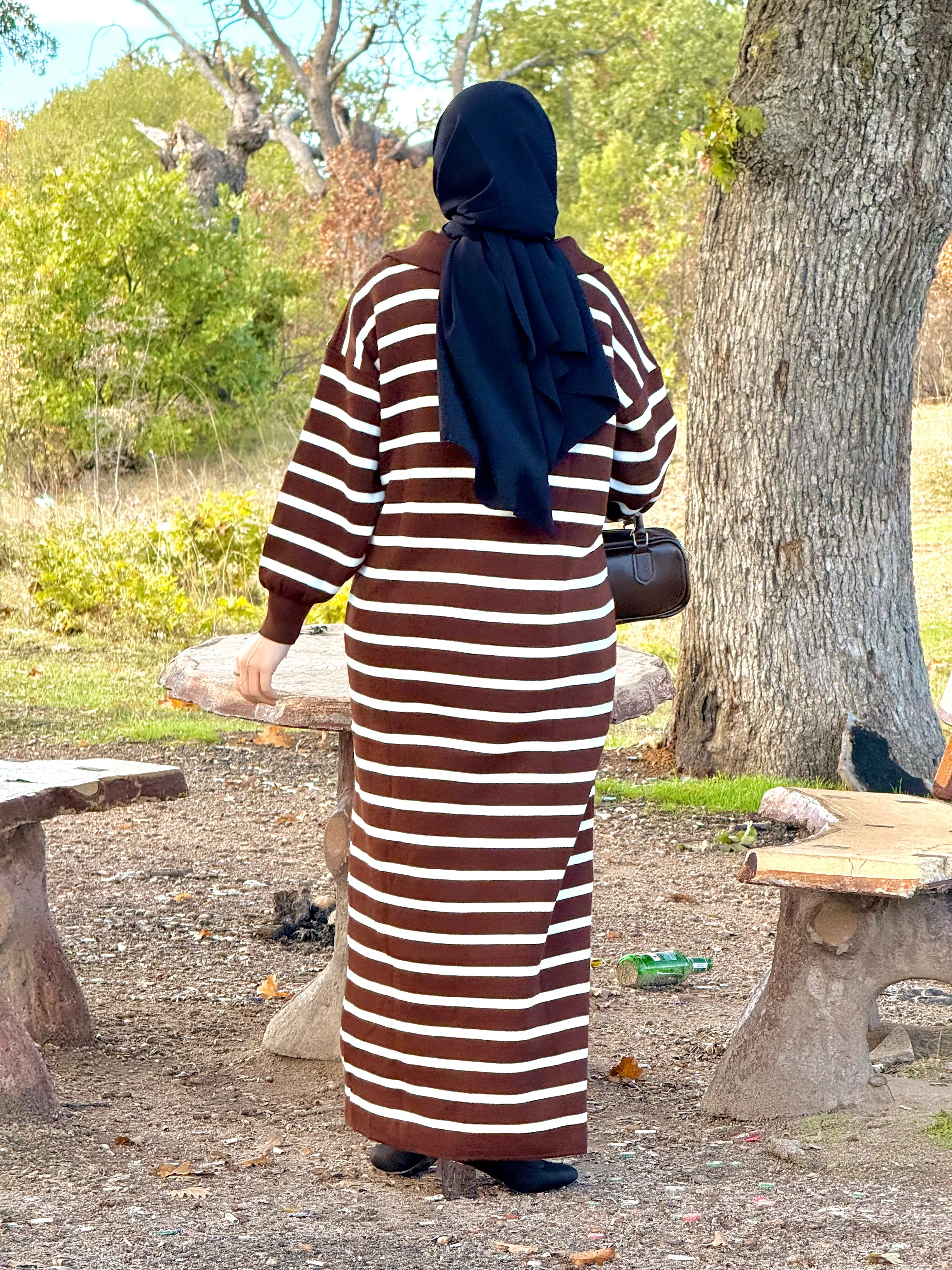 Ankanoor Fermuar Yakalı Çizgili Triko Elbise ANKA252009