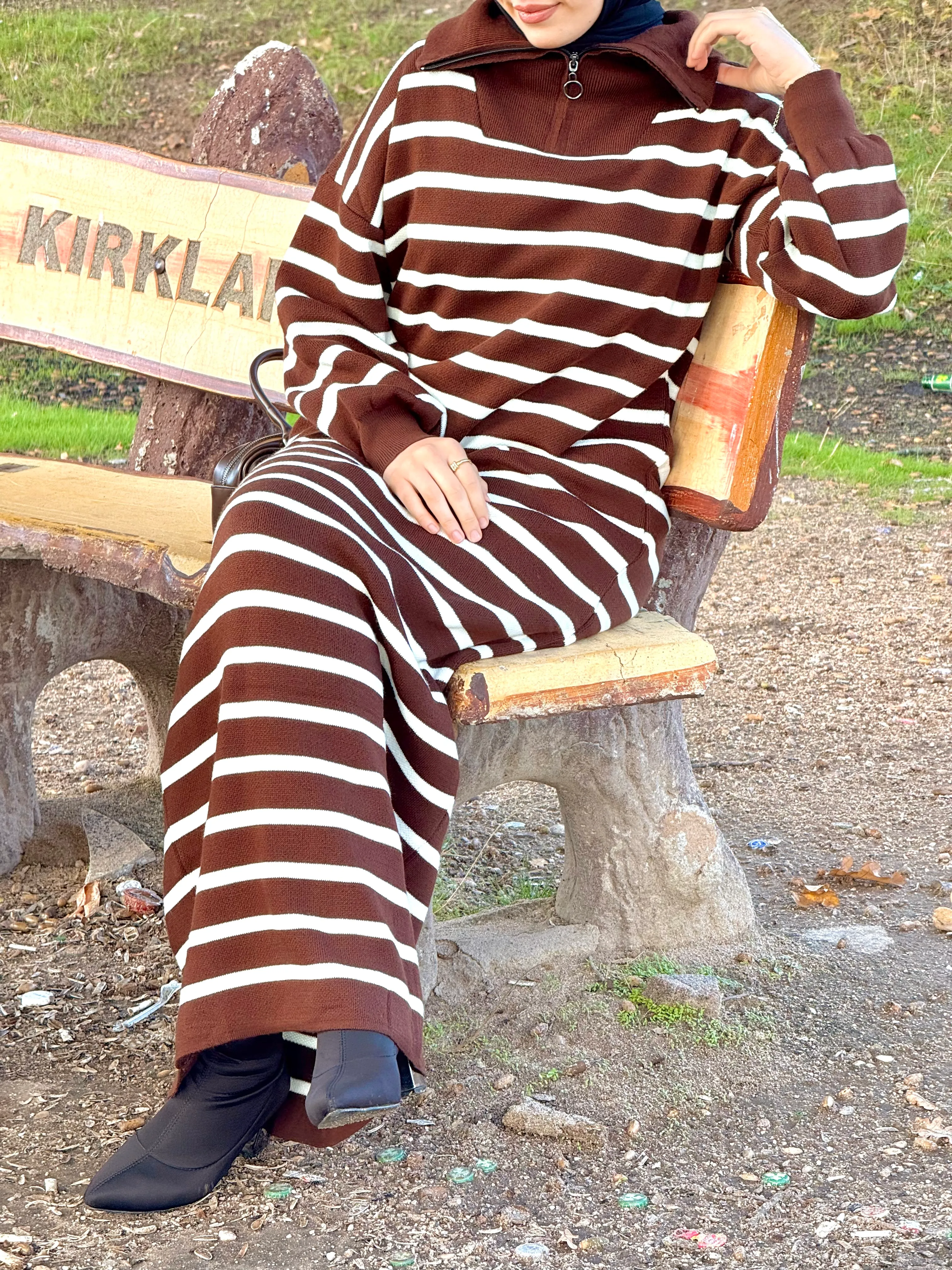 Ankanoor Fermuar Yakalı Çizgili Triko Elbise ANKA252009