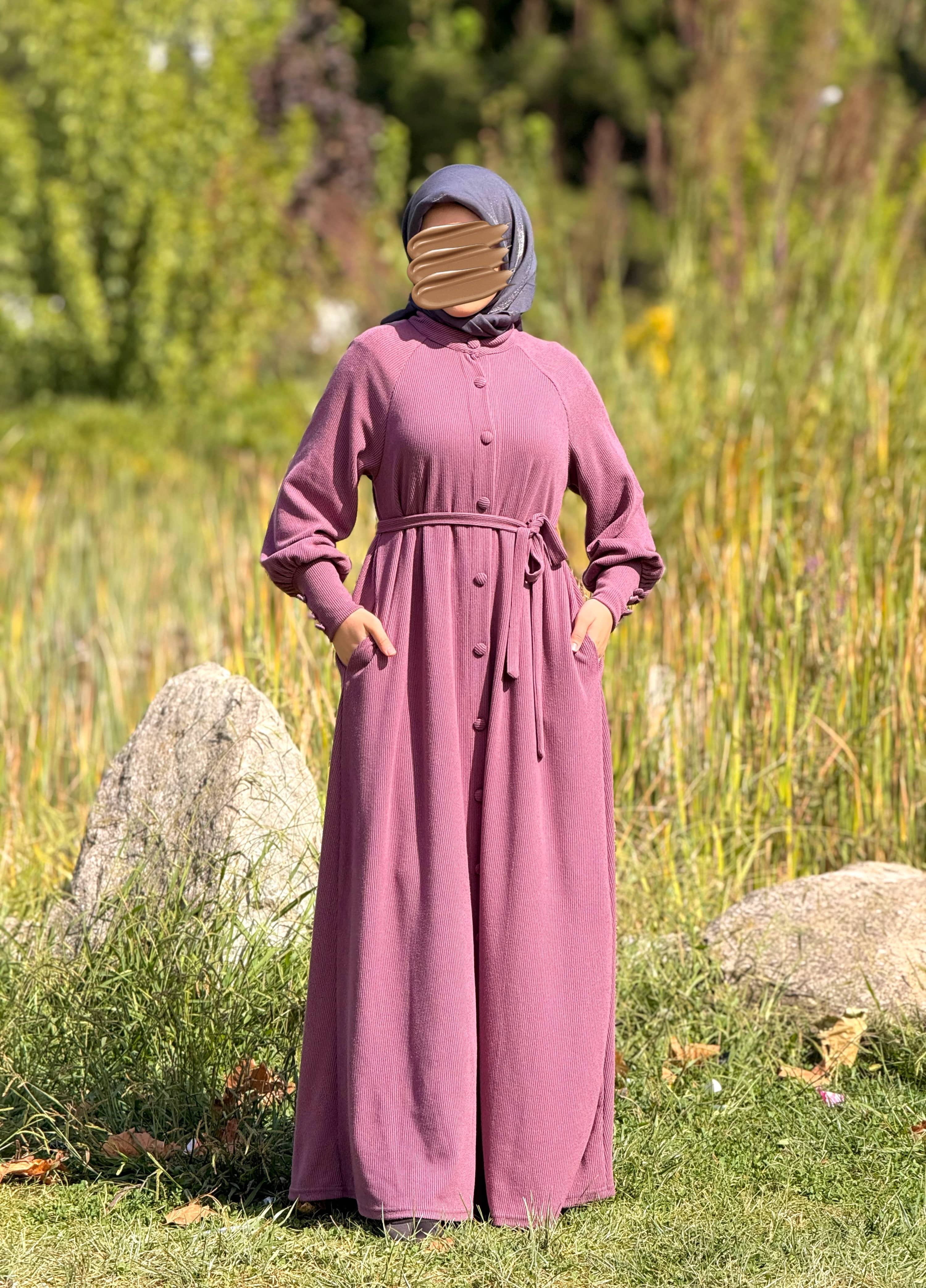 Ankanoor Reglan Kollu Kaplama Düğmeli Örme Ferace ANKA255107 - mor