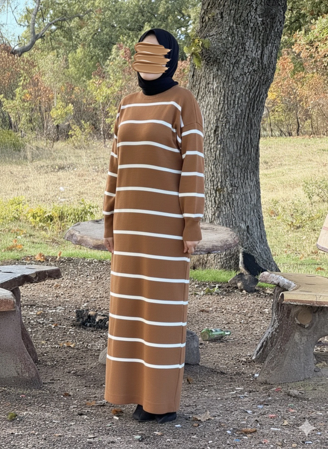 Ankanoor Çizgili Triko Elbise ANKA252010 - kamel