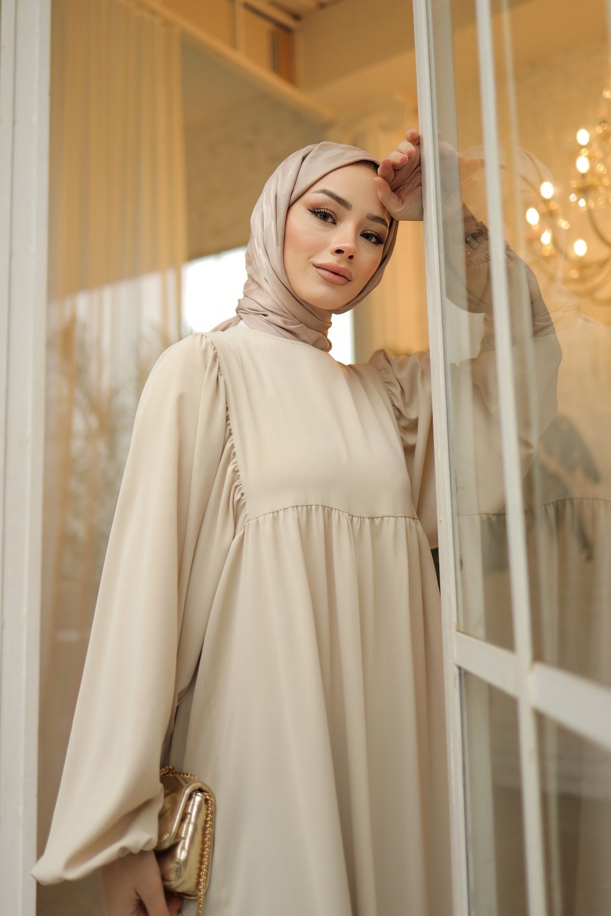 Ankanoor Acı Kahve Tesettür Balon Kollu Oversize Elbise ( 36-42 ) Anka251692