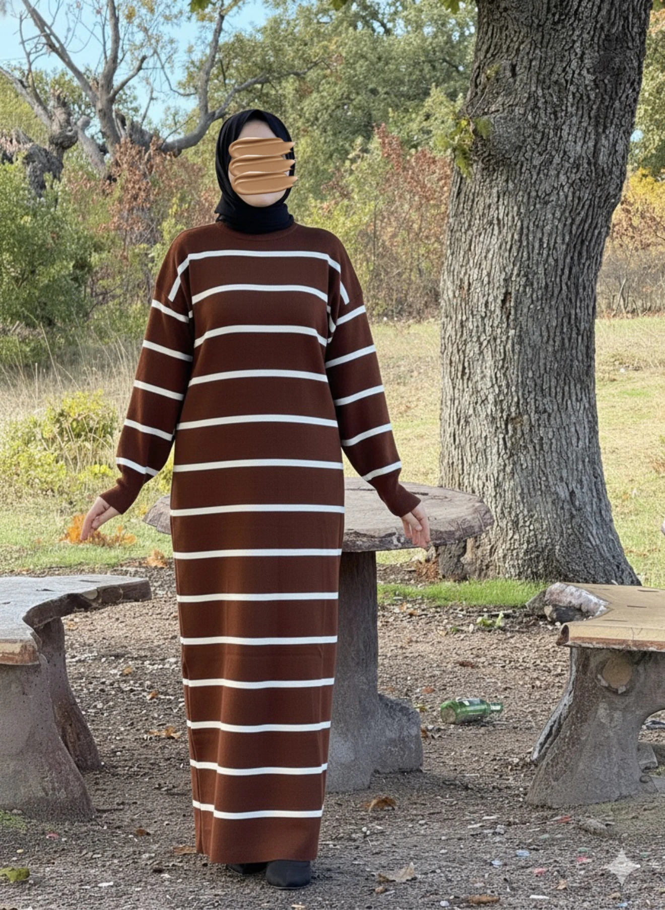 Ankanoor Çizgili Triko Elbise ANKA252010 - kahve