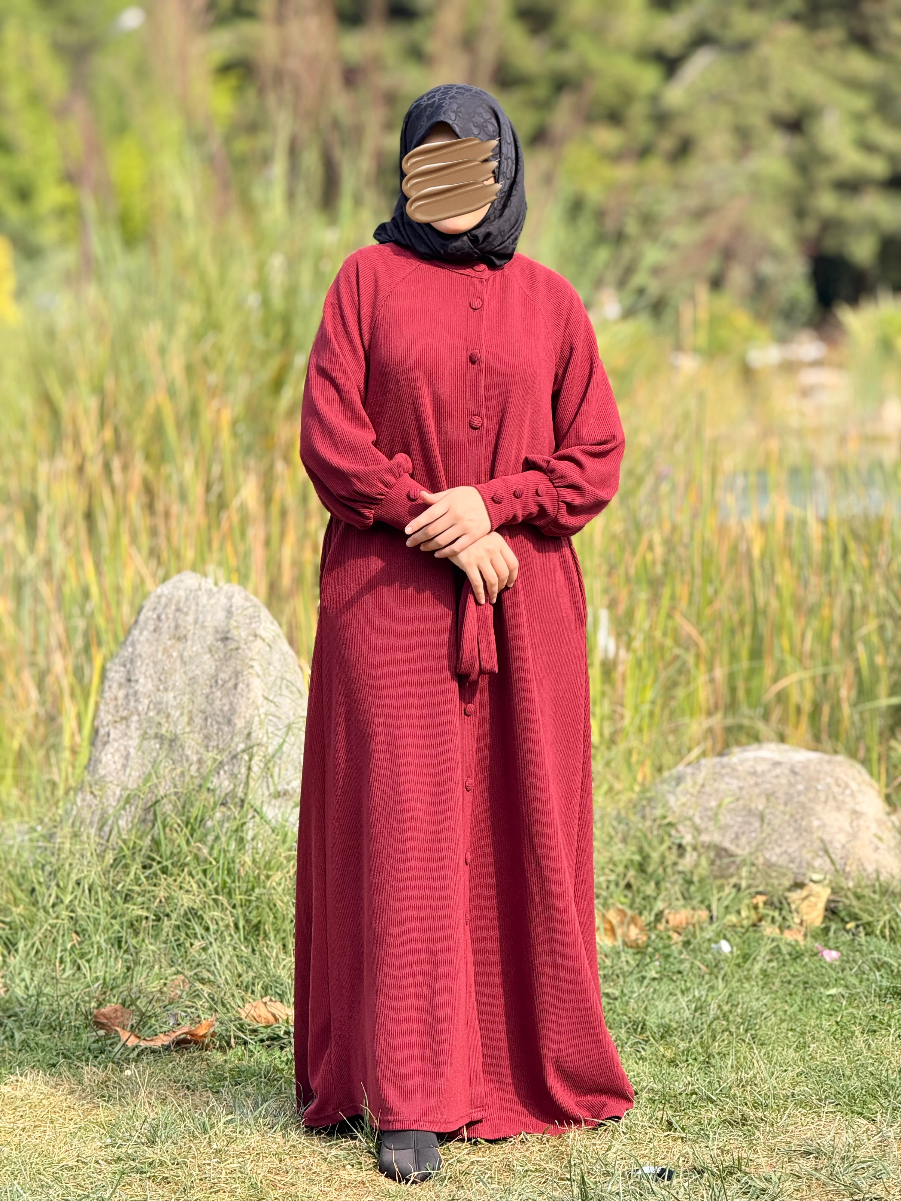 Ankanoor Reglan Kollu Kaplama Düğmeli Örme Ferace ANKA255107 - bordo