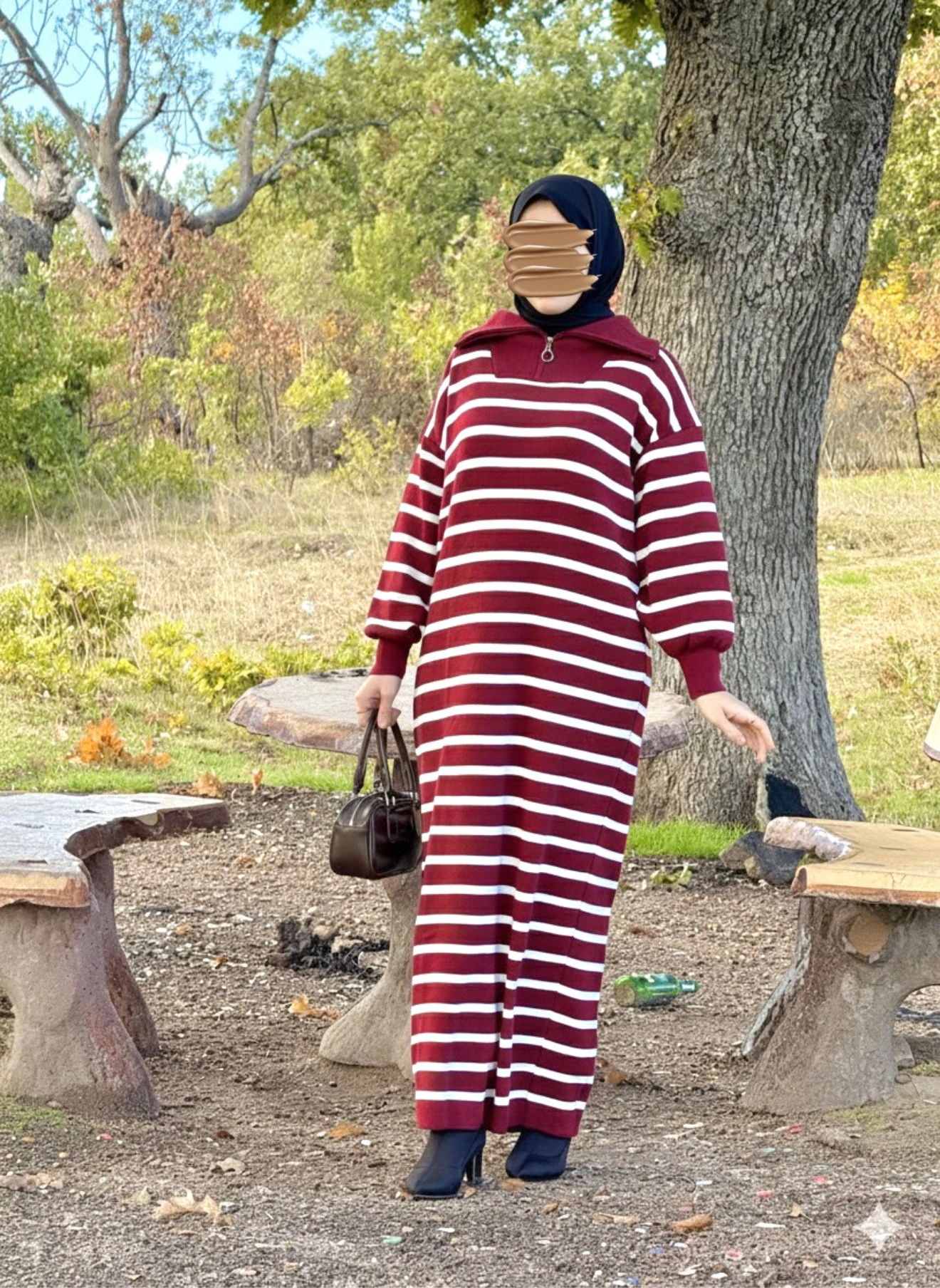 Ankanoor Fermuar Yakalı Çizgili Triko Elbise ANKA252009 - bordo