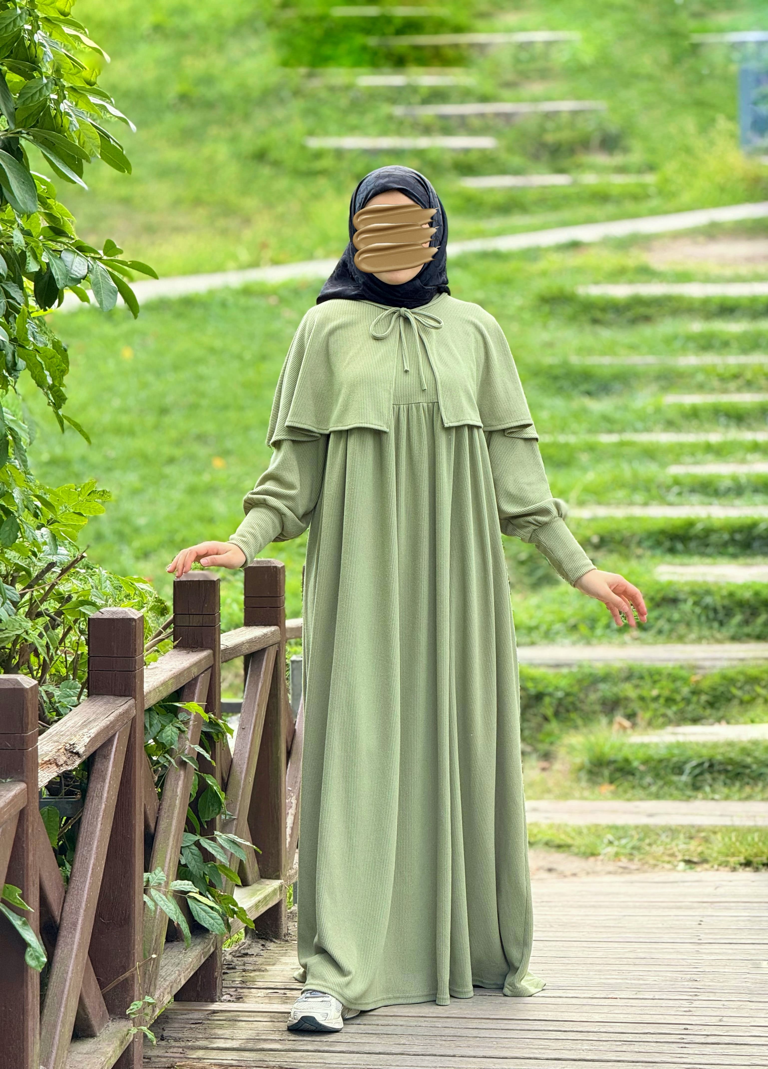 Ankanoor Pelerinli Örme Elbise ANKA255108 - fıstık