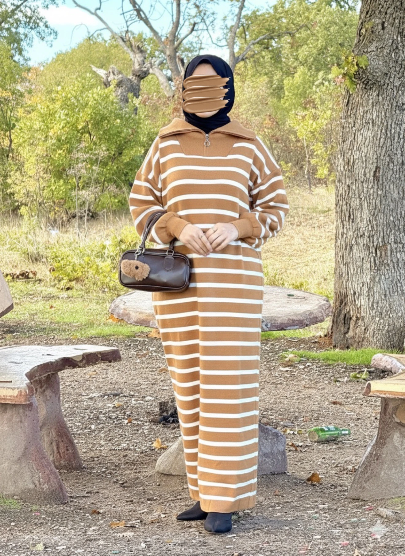 Ankanoor Fermuar Yakalı Çizgili Triko Elbise ANKA252009 - kamel