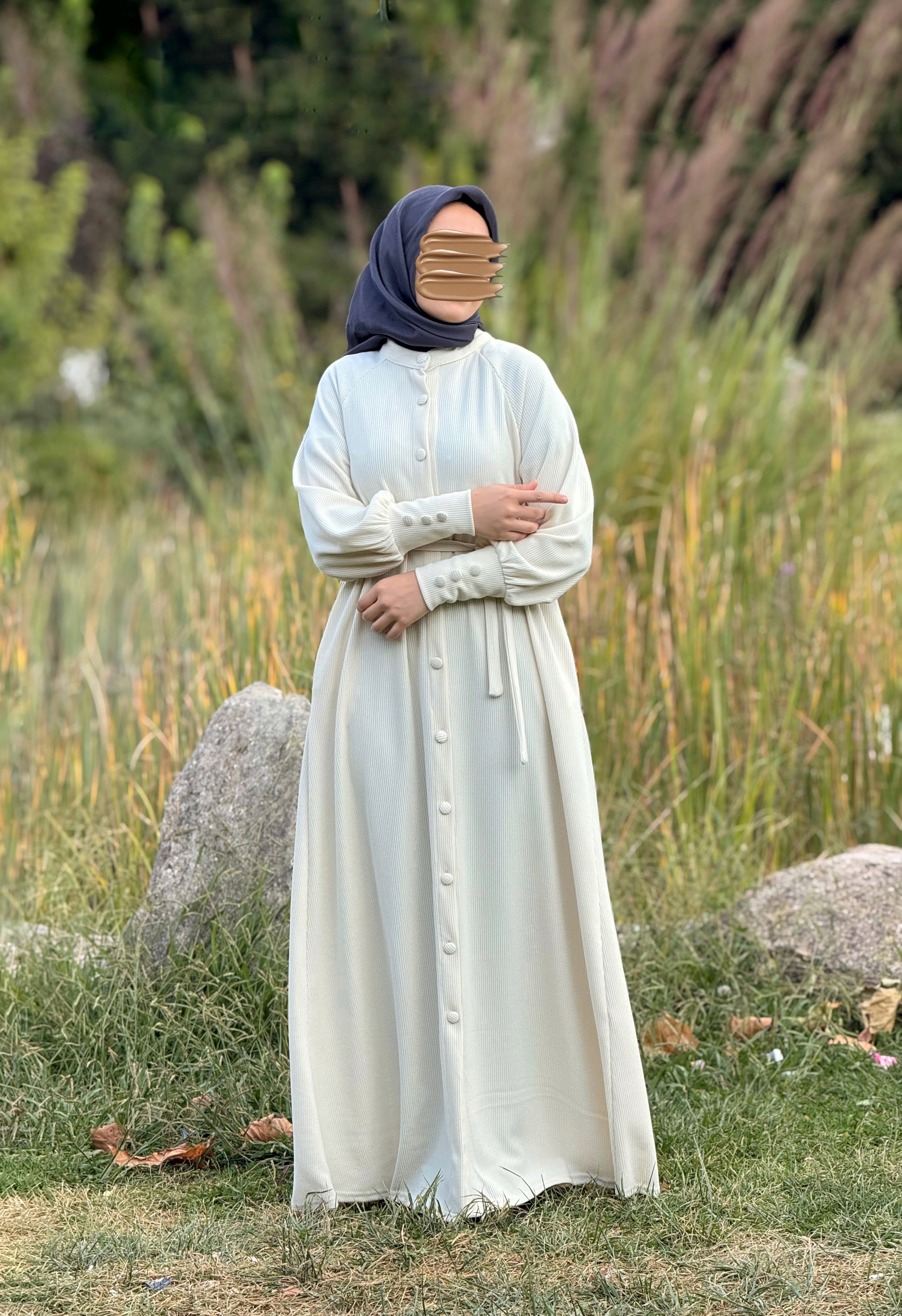 Ankanoor Reglan Kollu Kaplama Düğmeli Örme Ferace ANKA255107 - ekru