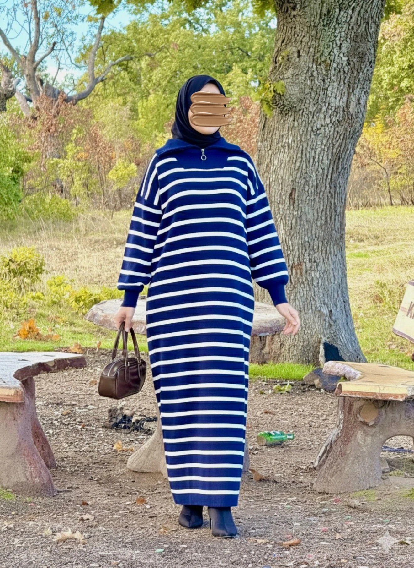 Ankanoor Fermuar Yakalı Çizgili Triko Elbise ANKA252009 - lacivert