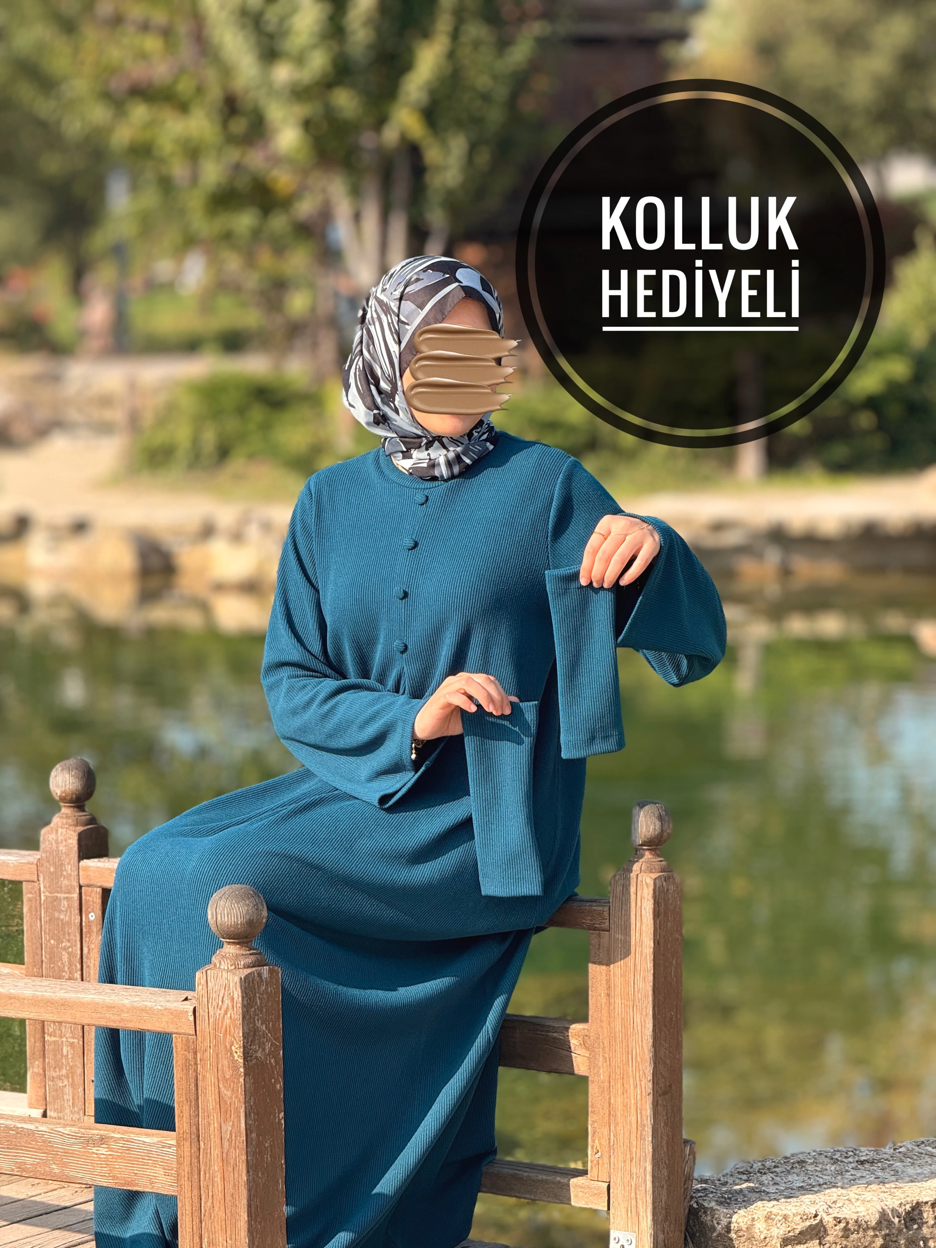 Ankanoor Kaplama Düğmeli Kolluklu Örme Elbise ANKA255114 - petrol