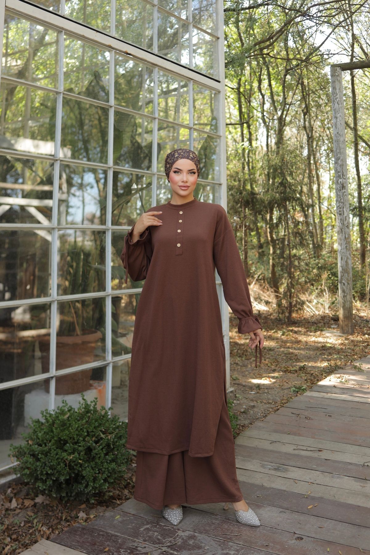 Ankanoor Bej Düğme Detaylı Örme Pantolon Takım Anka256020