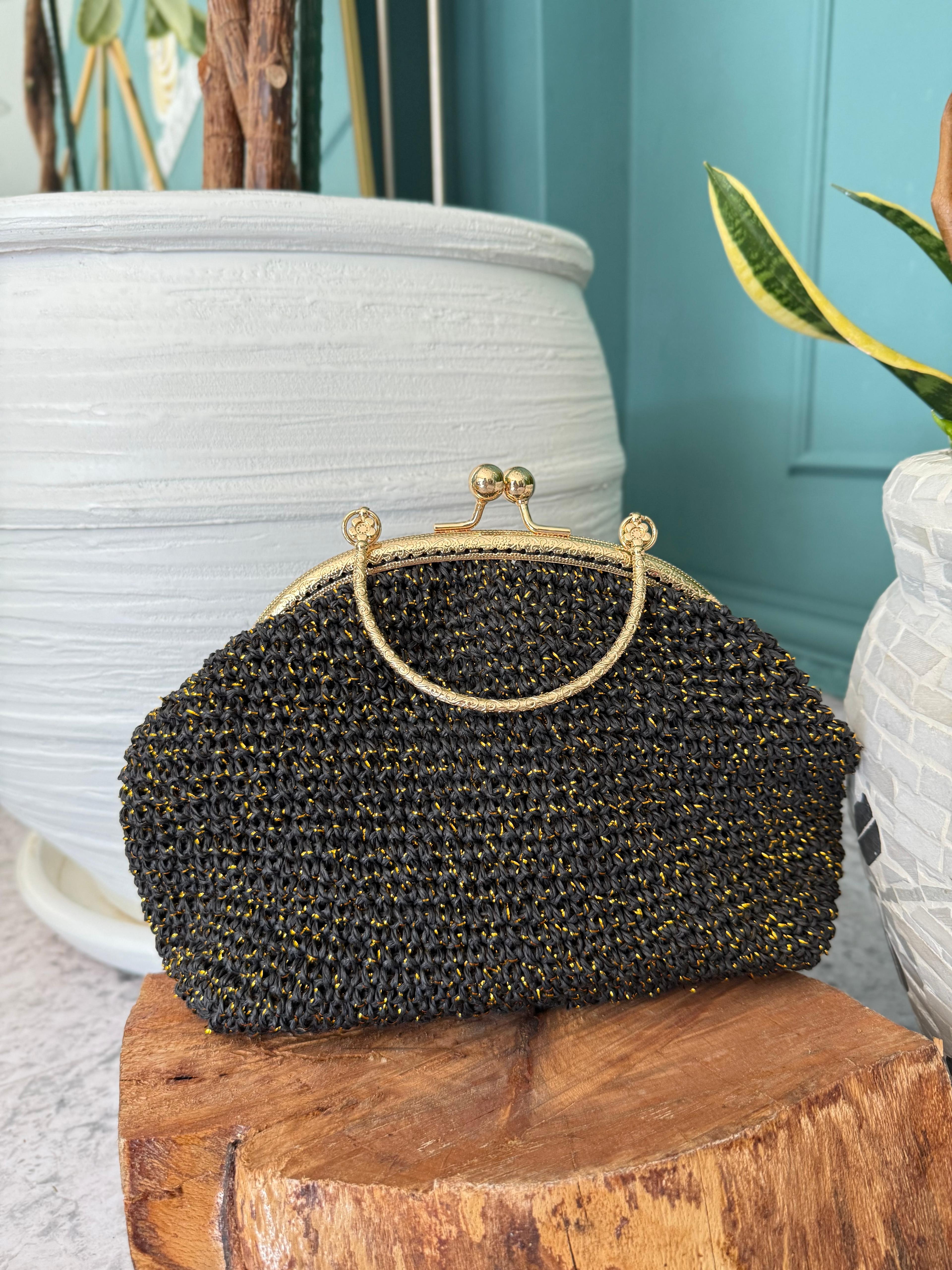 Metal Burslu Hasır Oval Clutch Çanta