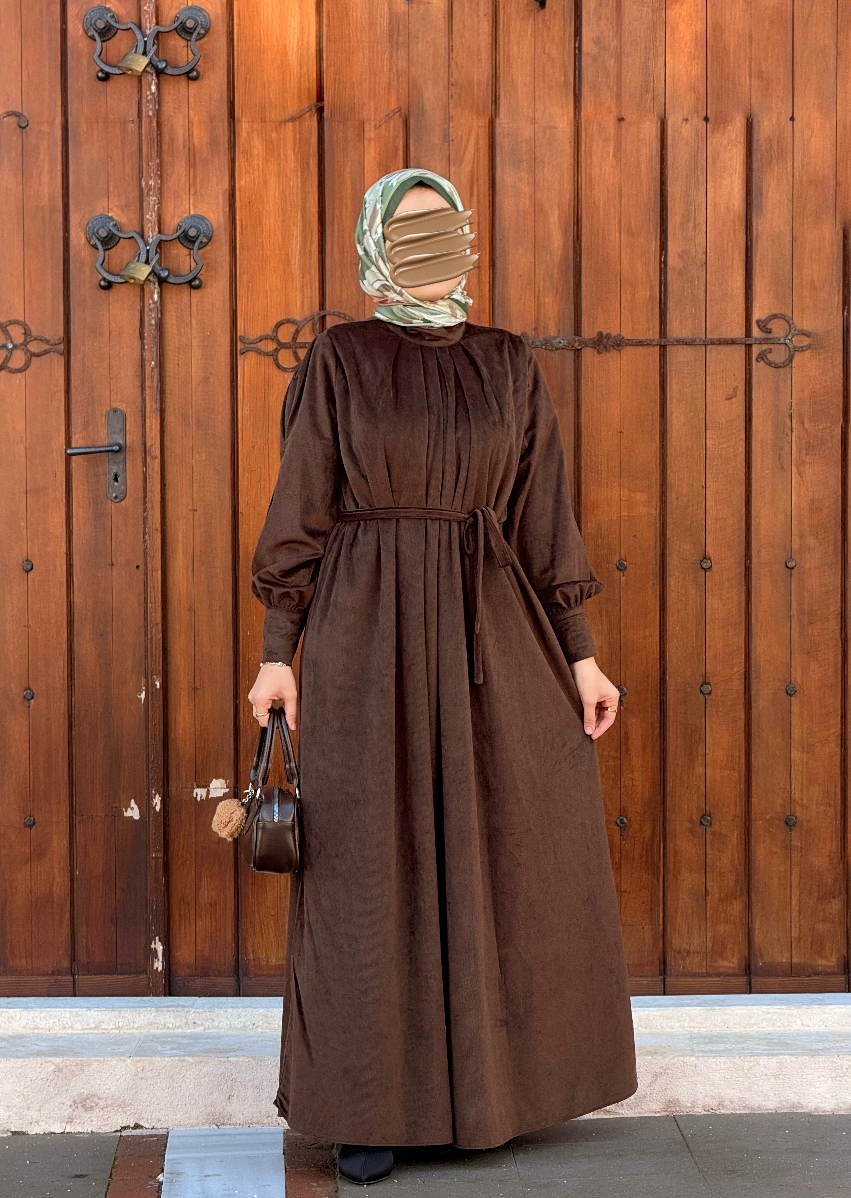 Ankanoor Büzgü Yaka Kadife Elbise ANKA255111 - kahve