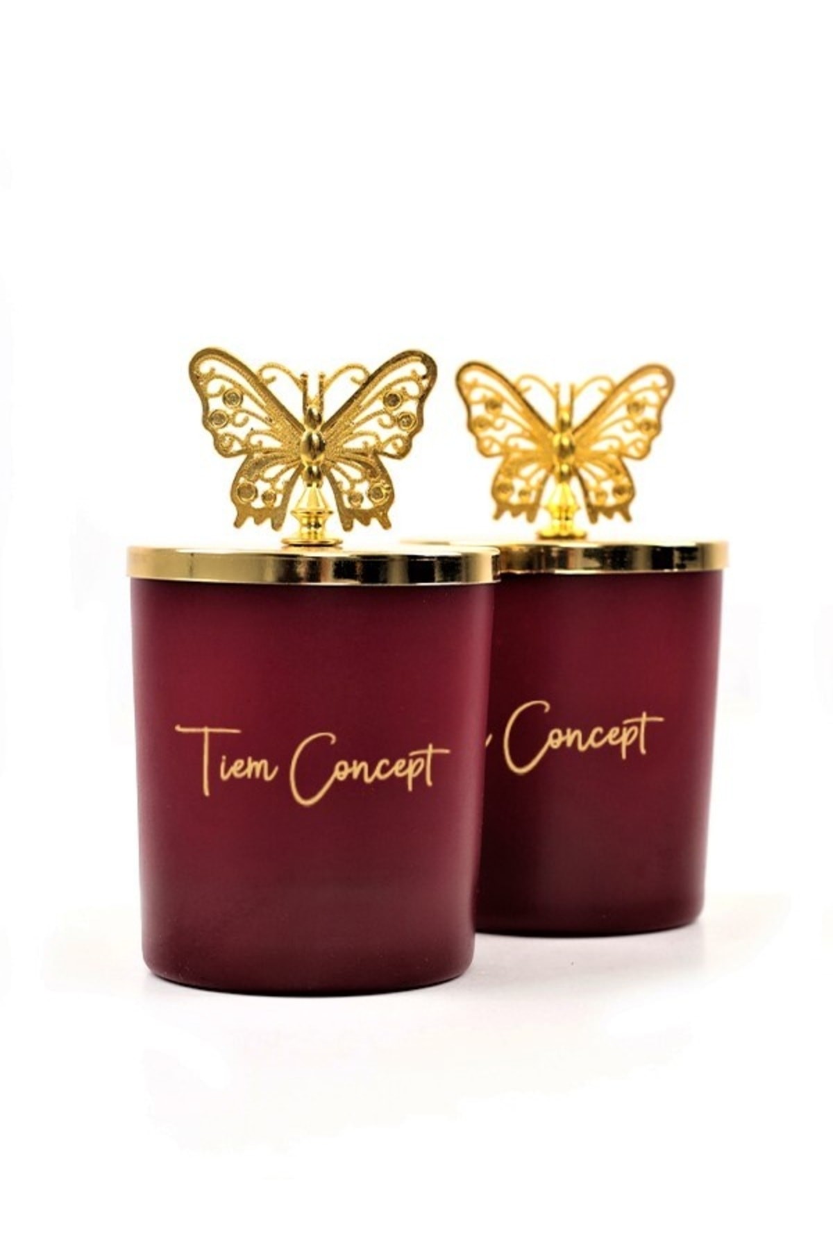 Tiem Concept Dekoratif Özel Tasarım Gold Kelebek Tepelikli Amber Kokulu 2li Bordo Bardak Mum Seti