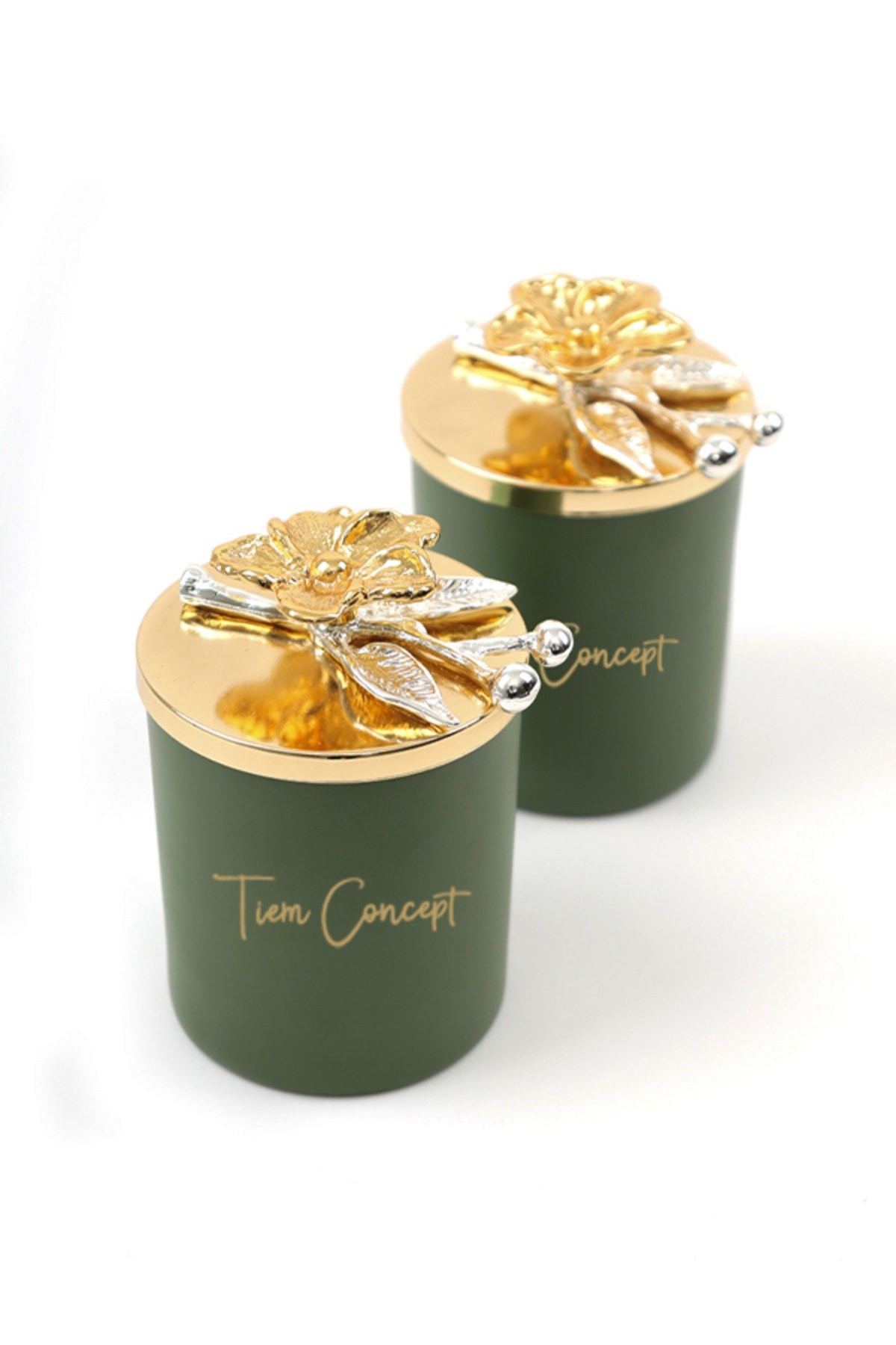 Tiem Concept Dekoratif Özel Tasarım Gold Çiçek Tepelikli Yeşil Çay Kokulu 2li Yeşil Bardak Mum Seti