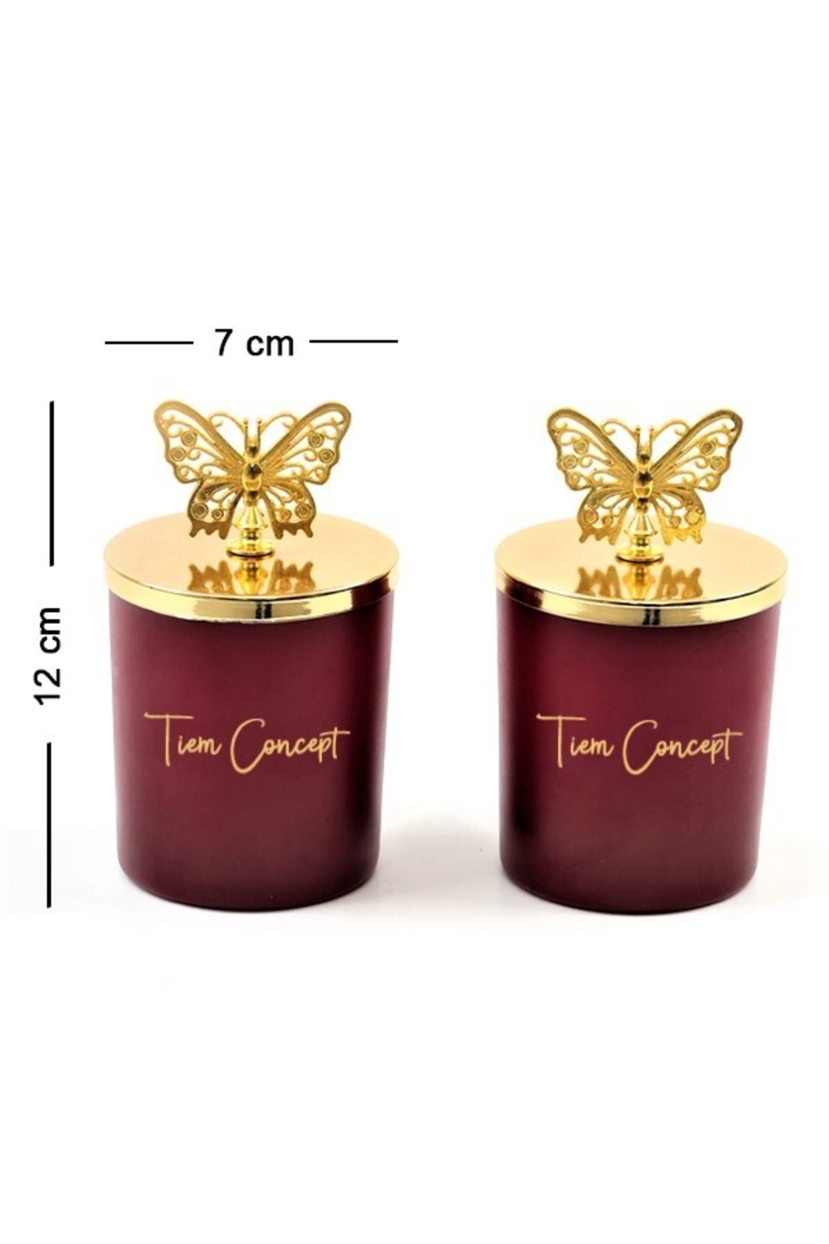 Tiem Concept Dekoratif Özel Tasarım Gold Kelebek Tepelikli Amber Kokulu 2li Bordo Bardak Mum Seti