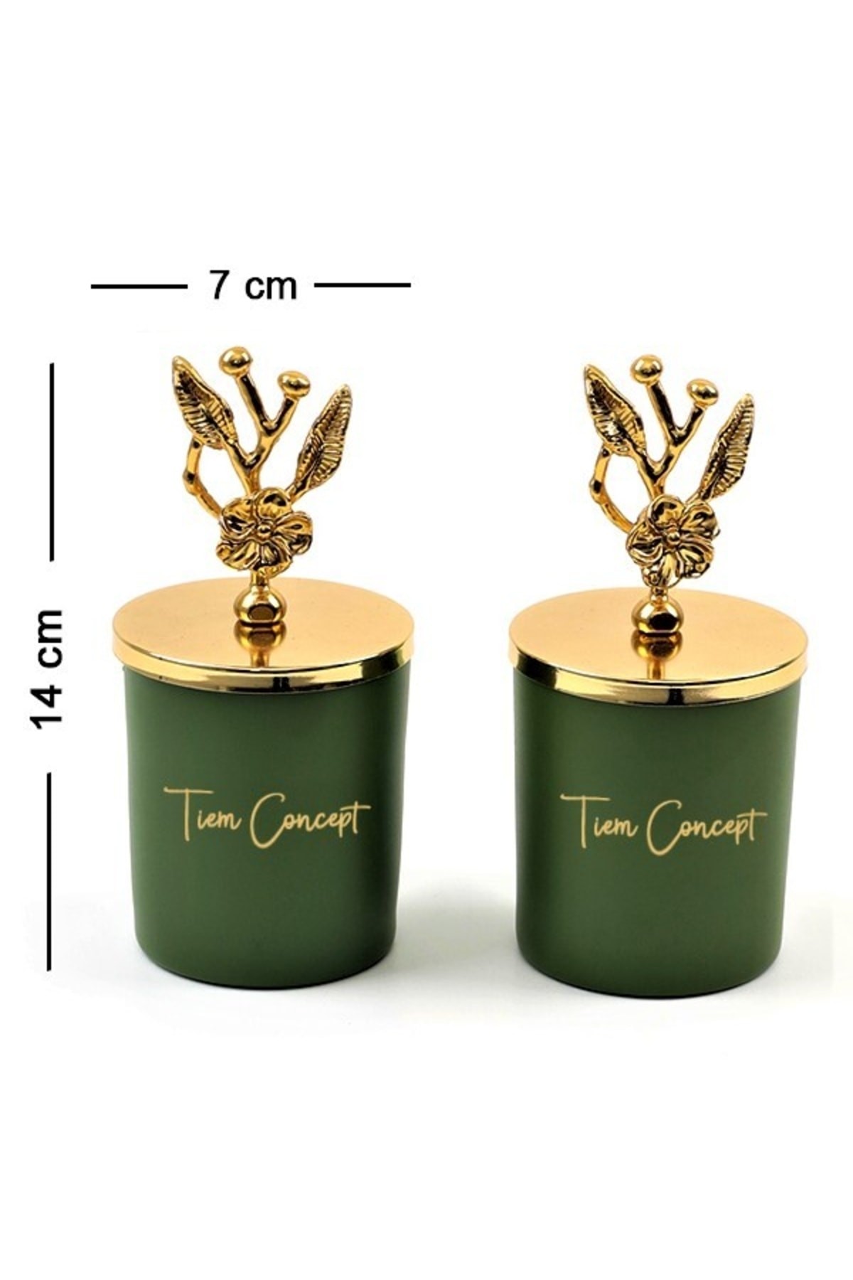 Tiem Concept Dekoratif Özel Tasarım Gold Zeytin Dalı Tepelikli Yeşil Çay Kokulu 2li Bardak Mum Seti