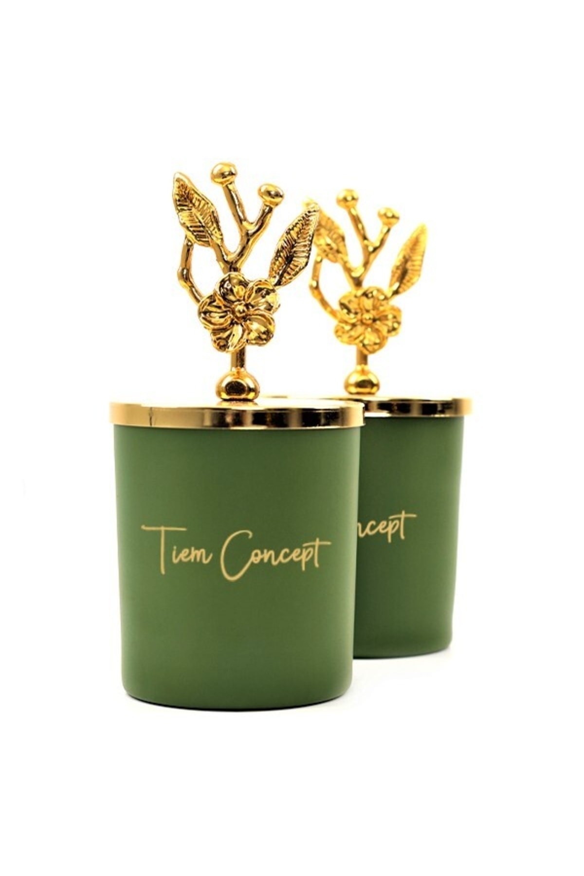 Tiem Concept Dekoratif Özel Tasarım Gold Zeytin Dalı Tepelikli Yeşil Çay Kokulu 2li Bardak Mum Seti