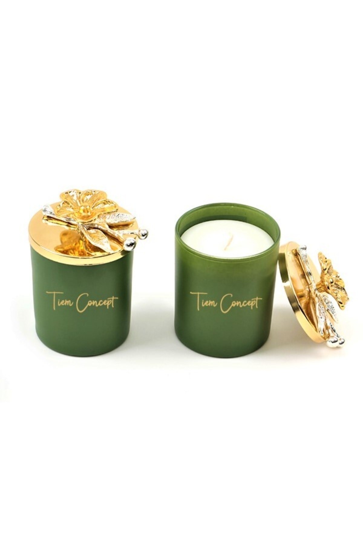 Tiem Concept Dekoratif Özel Tasarım Gold Çiçek Tepelikli Yeşil Çay Kokulu 2li Yeşil Bardak Mum Seti