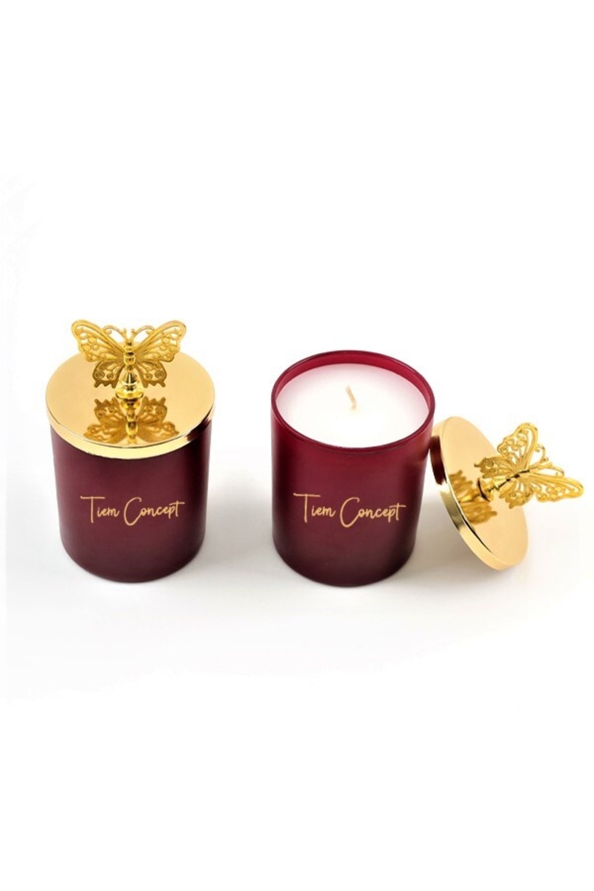 Tiem Concept Dekoratif Özel Tasarım Gold Kelebek Tepelikli Amber Kokulu 2li Bordo Bardak Mum Seti