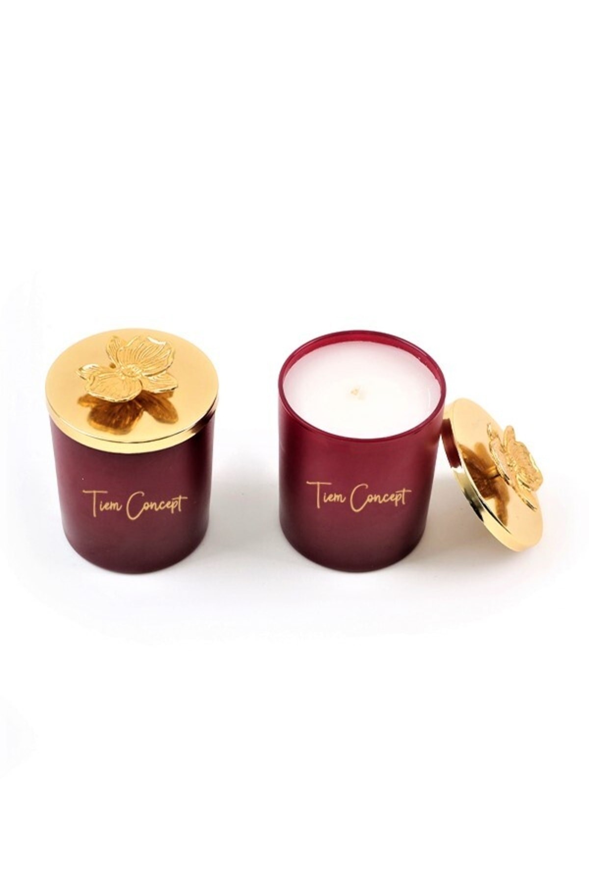 Tiem Concept Dekoratif Özel Tasarım Gold Çiçek Tepelikli Amber Kokulu 2li Bordo Bardak Mum Seti