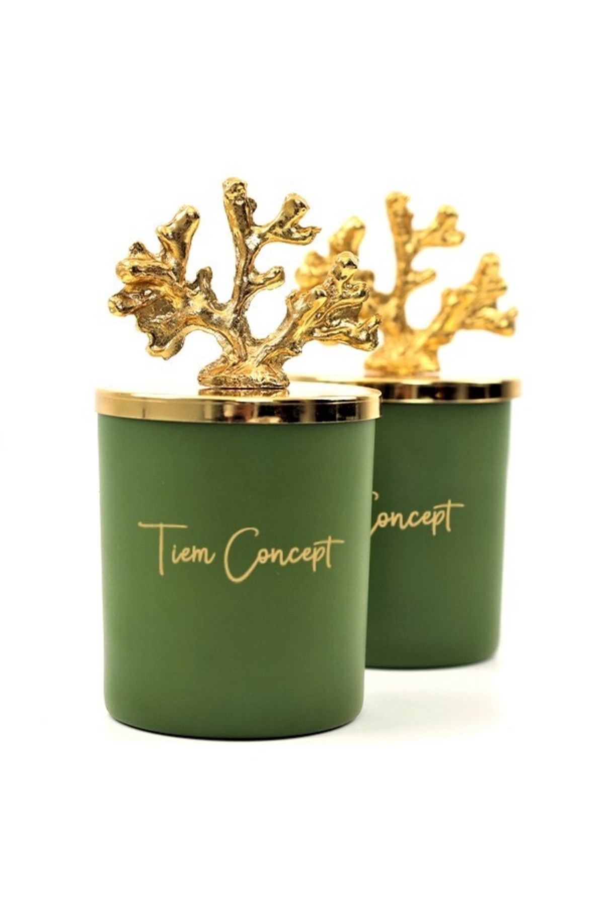 Tiem Concept Dekoratif Özel Tasarım Gold Mercan Tepelikli Yeşil Çay Kokulu 2li Yeşi Bardak Mum Seti