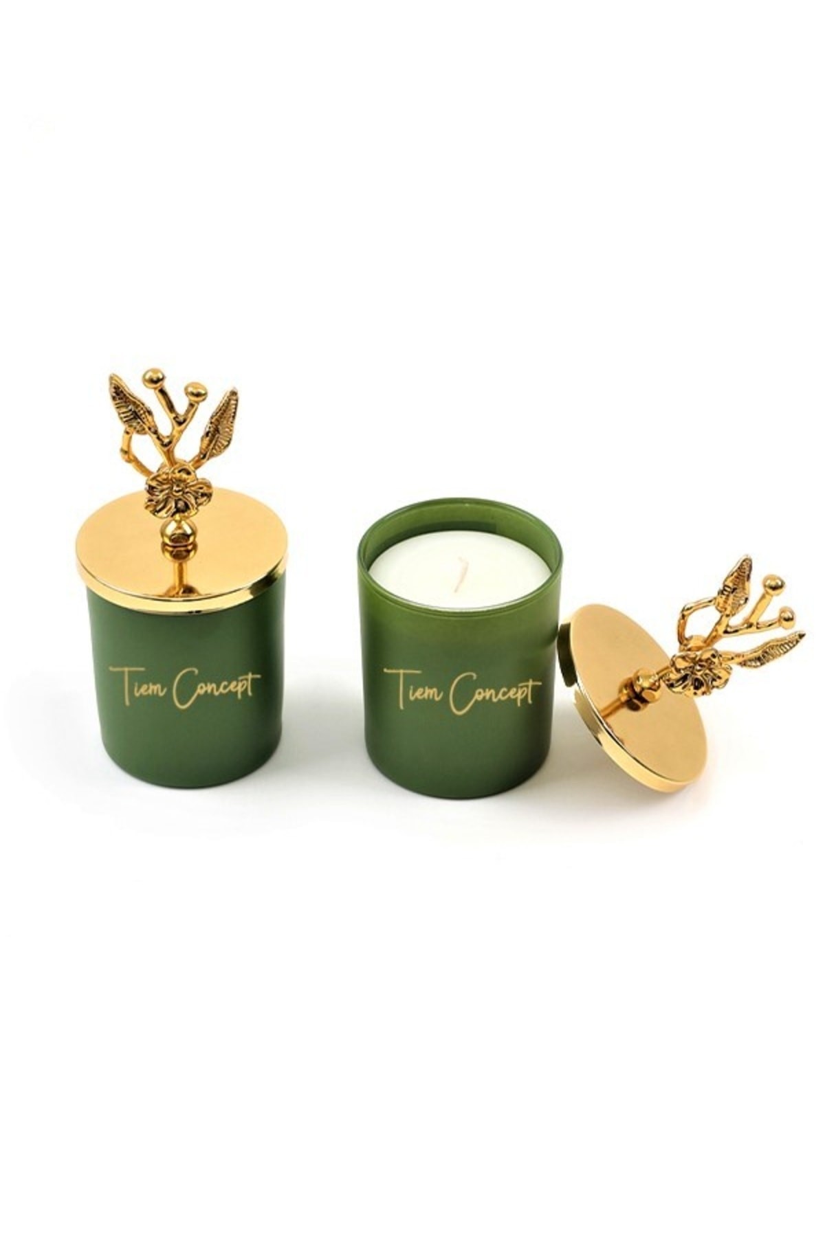 Tiem Concept Dekoratif Özel Tasarım Gold Zeytin Dalı Tepelikli Yeşil Çay Kokulu 2li Bardak Mum Seti