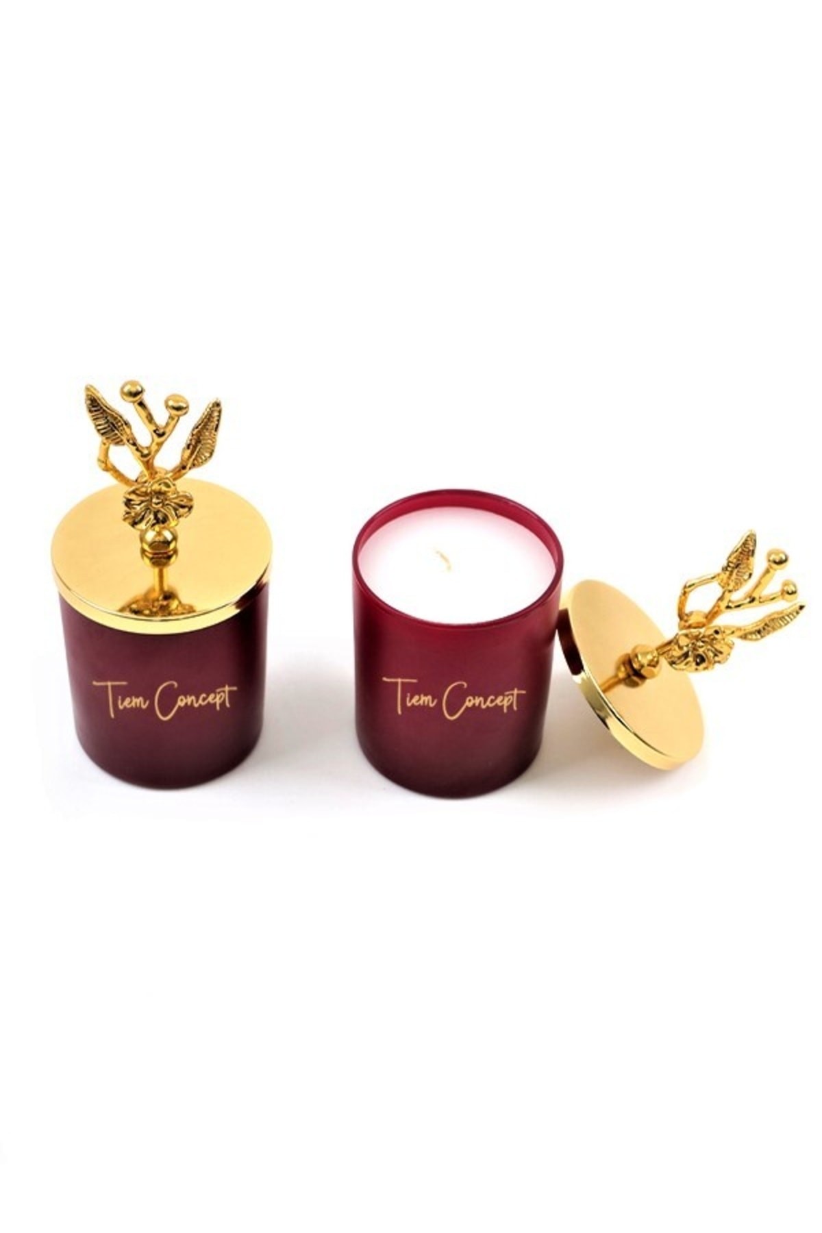 Tiem Concept Dekoratif Gold Zeytin Dalı Tepelikli Amber Kokulu 2li Bordo Bardak Mum Seti