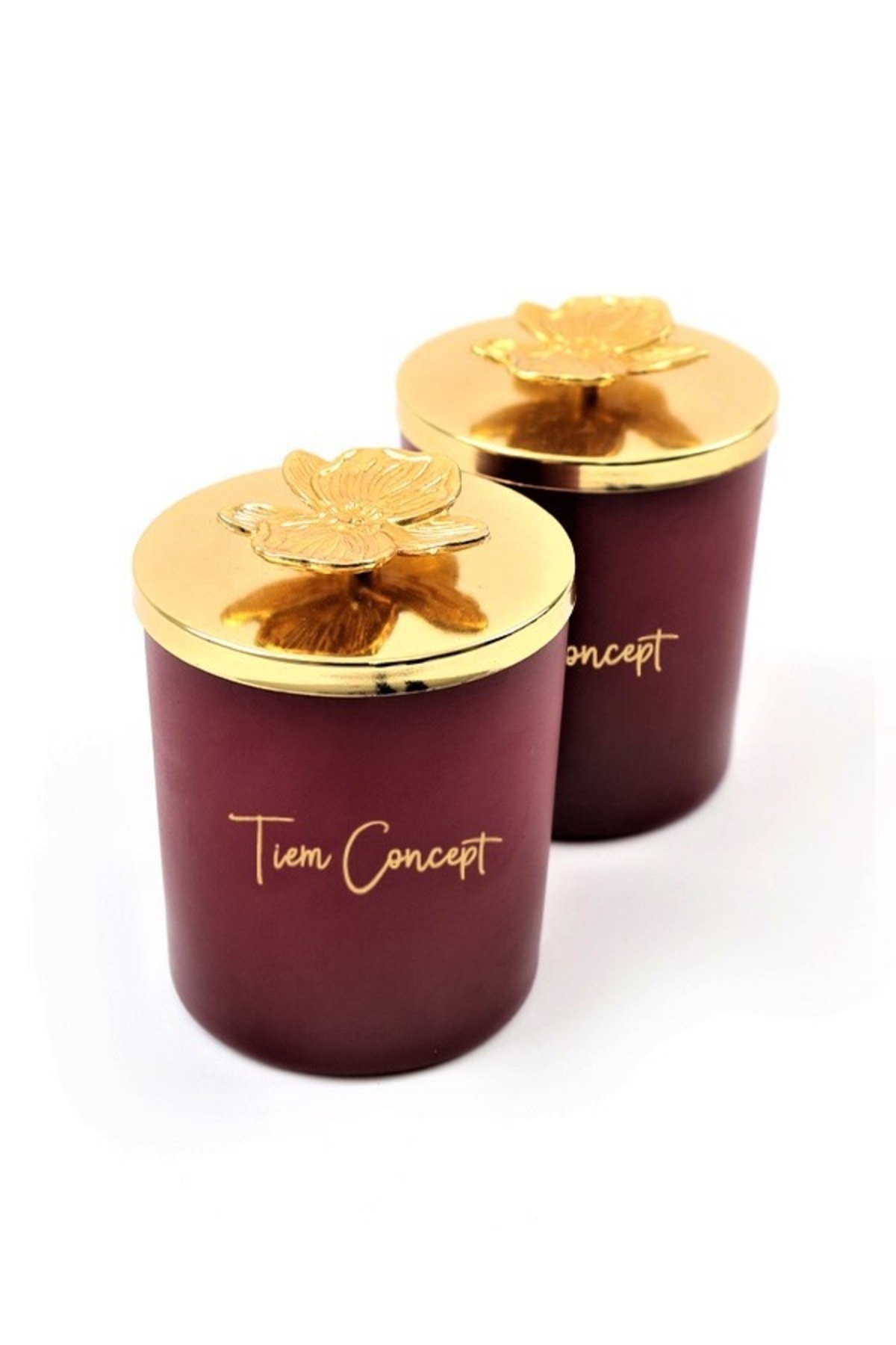 Tiem Concept Dekoratif Özel Tasarım Gold Çiçek Tepelikli Amber Kokulu 2li Bordo Bardak Mum Seti
