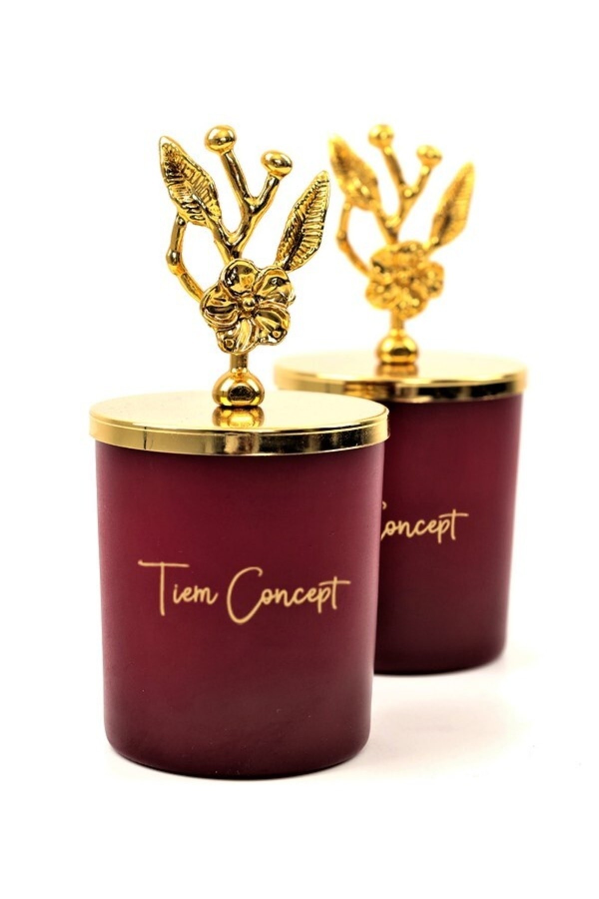 Tiem Concept Dekoratif Gold Zeytin Dalı Tepelikli Amber Kokulu 2li Bordo Bardak Mum Seti