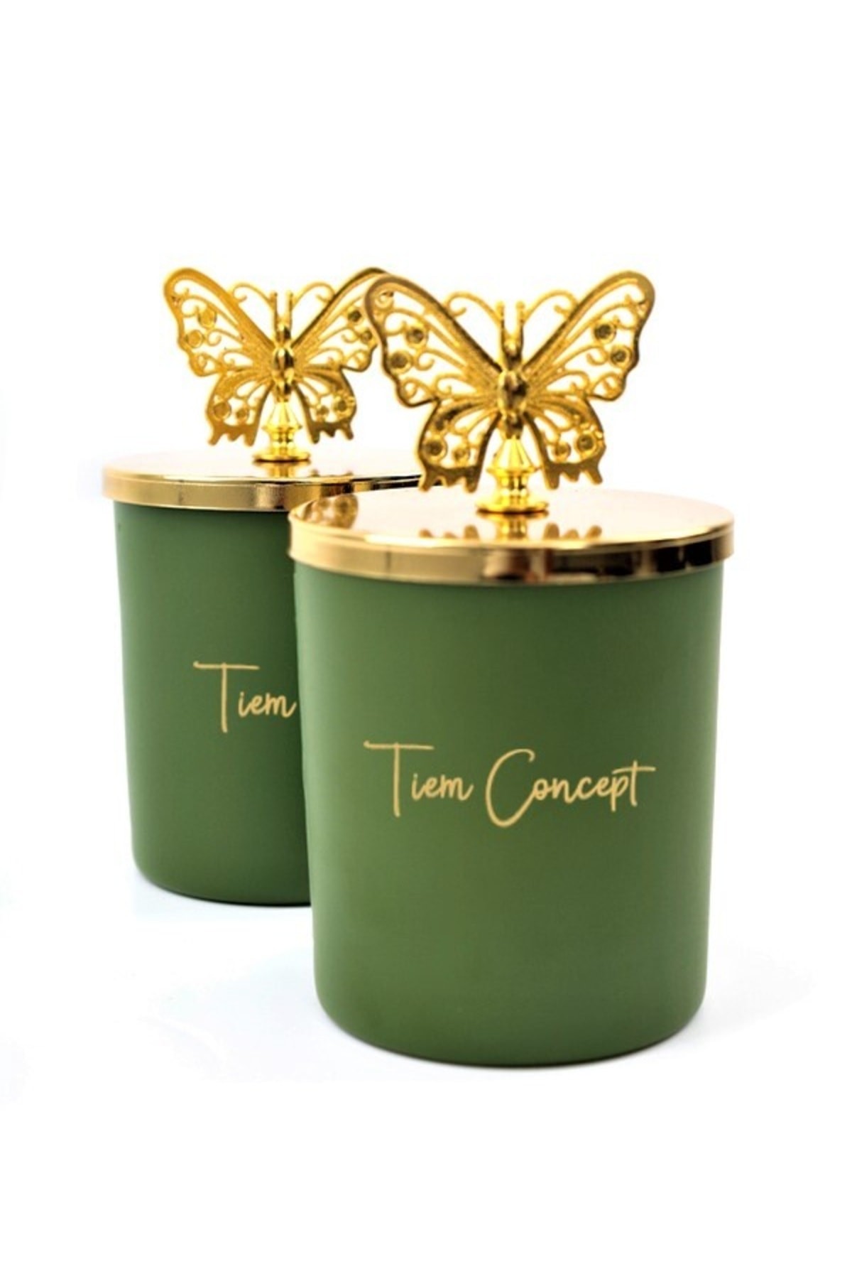 Tiem Concept Dekoratif Gold Kelebek Tepelikli Yeşil Çay Kokulu 2li Yeşil Bardak Mum Seti