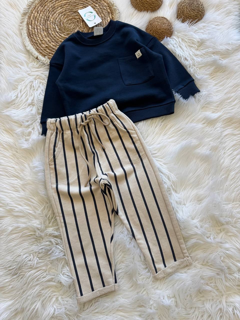 ZARA CEP DETAYLI ÇİZGİLİ JOGGER TAKIM LACİVERT image