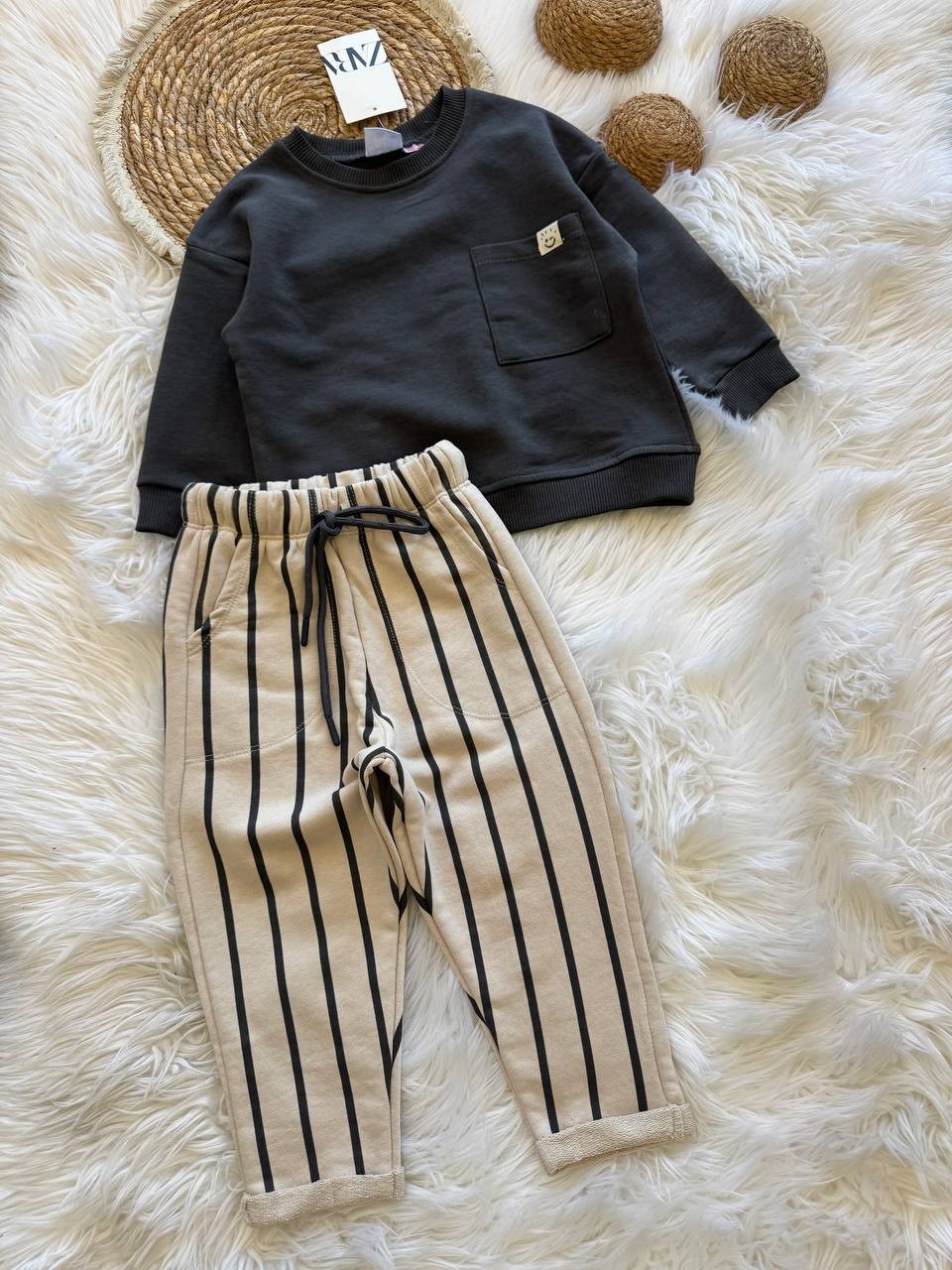 ZARA CEP DETAYLI ÇİZGİLİ JOGGER TAKIM GRİ image