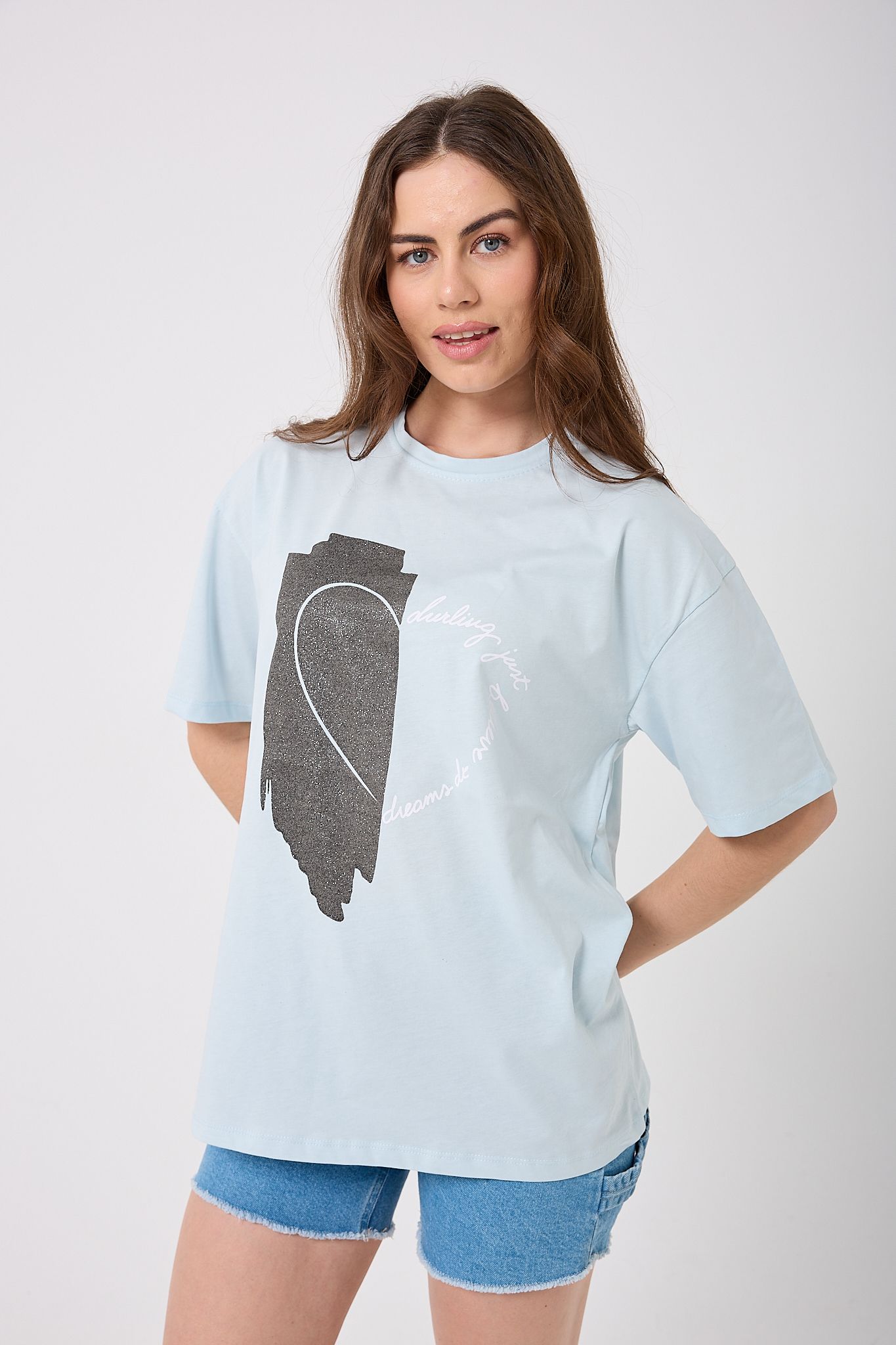 Oversize Simli Yarım Kalp Baskılı T-Shirt
