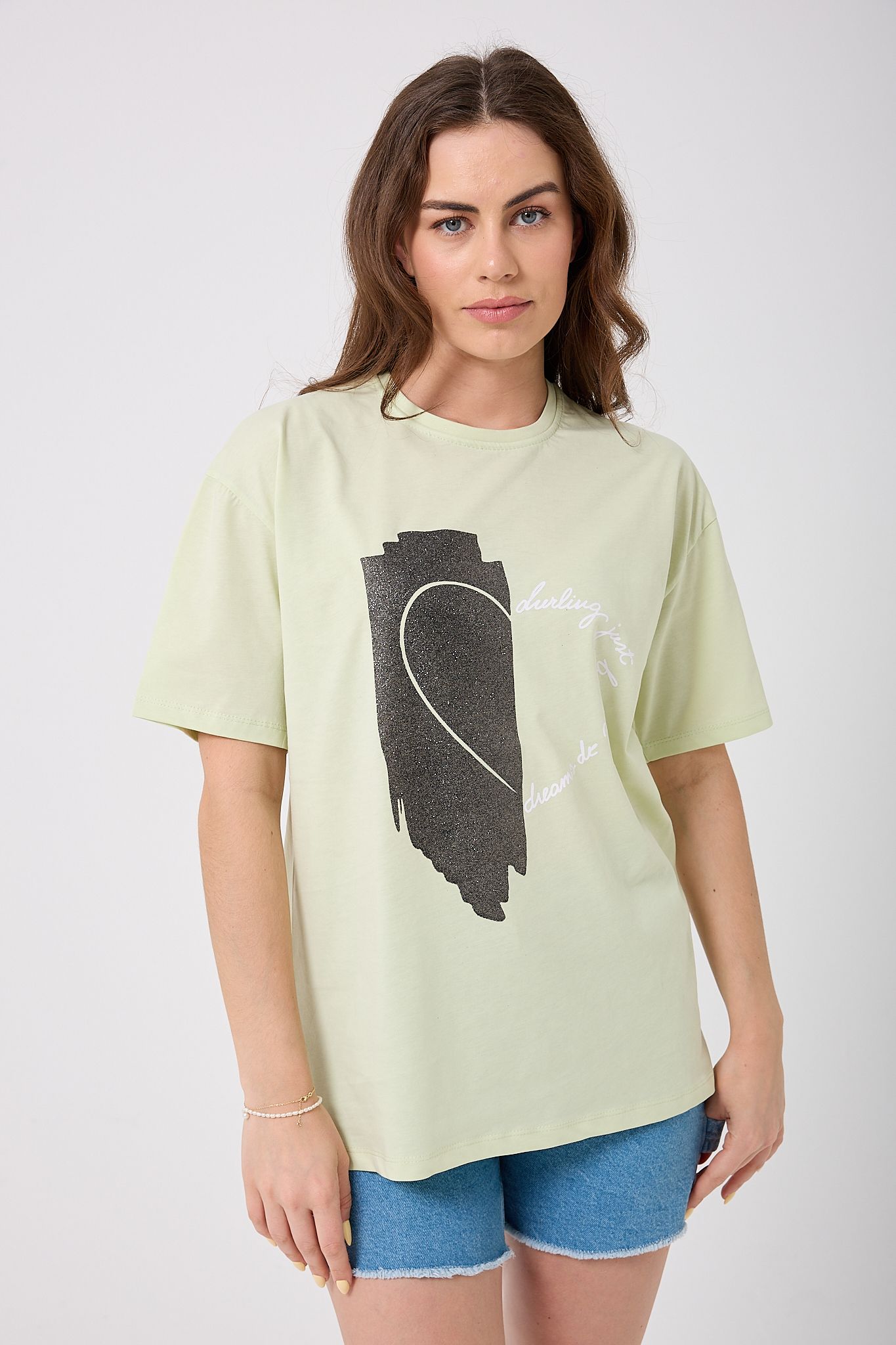 Oversize Simli Yarım Kalp Baskılı T-Shirt - Fıstık Yeşili